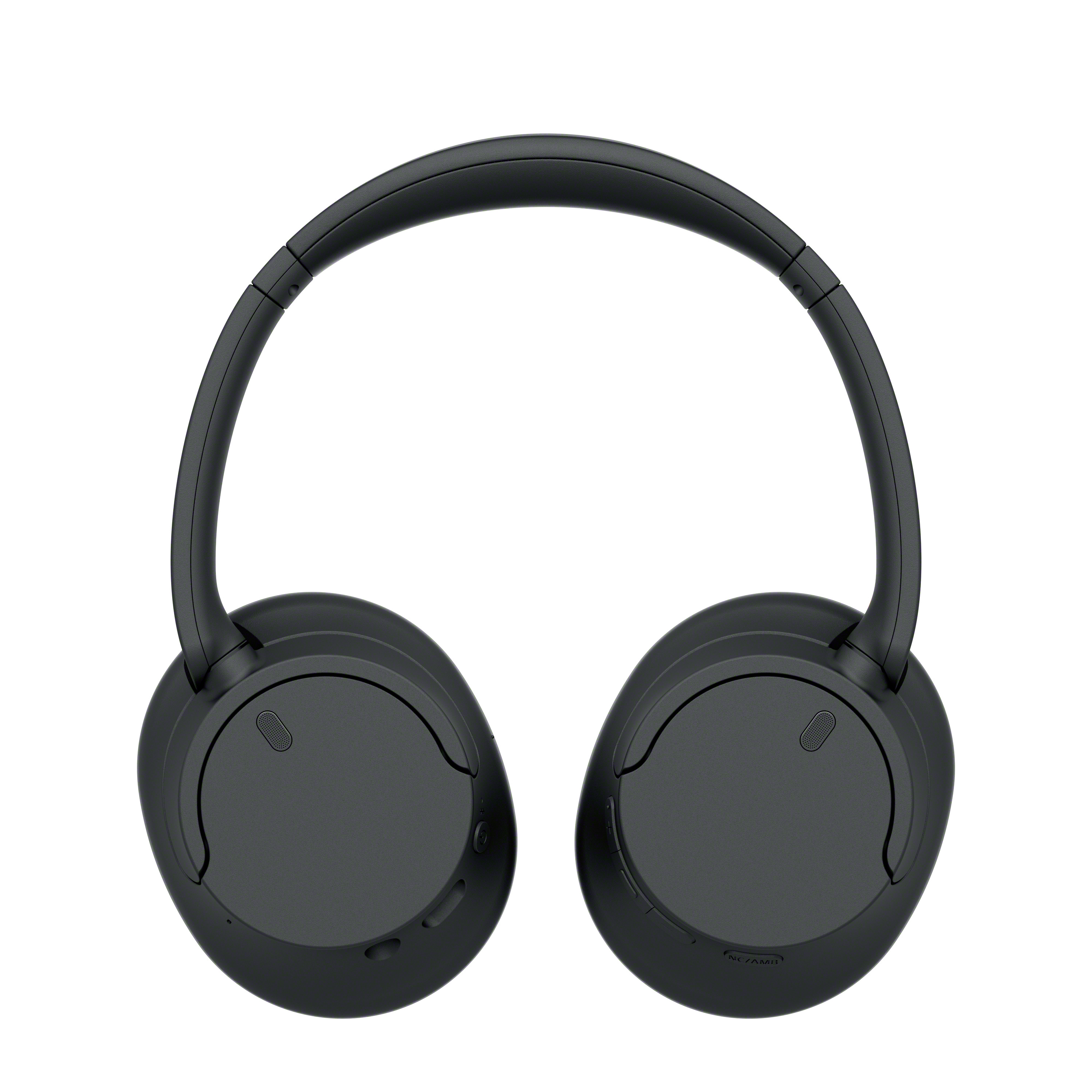 Schwarze Kopfhörer. Sie haben zwei Ohrmuscheln und ein Kopfband. Die Muscheln haben ein kreisförmiges Design.