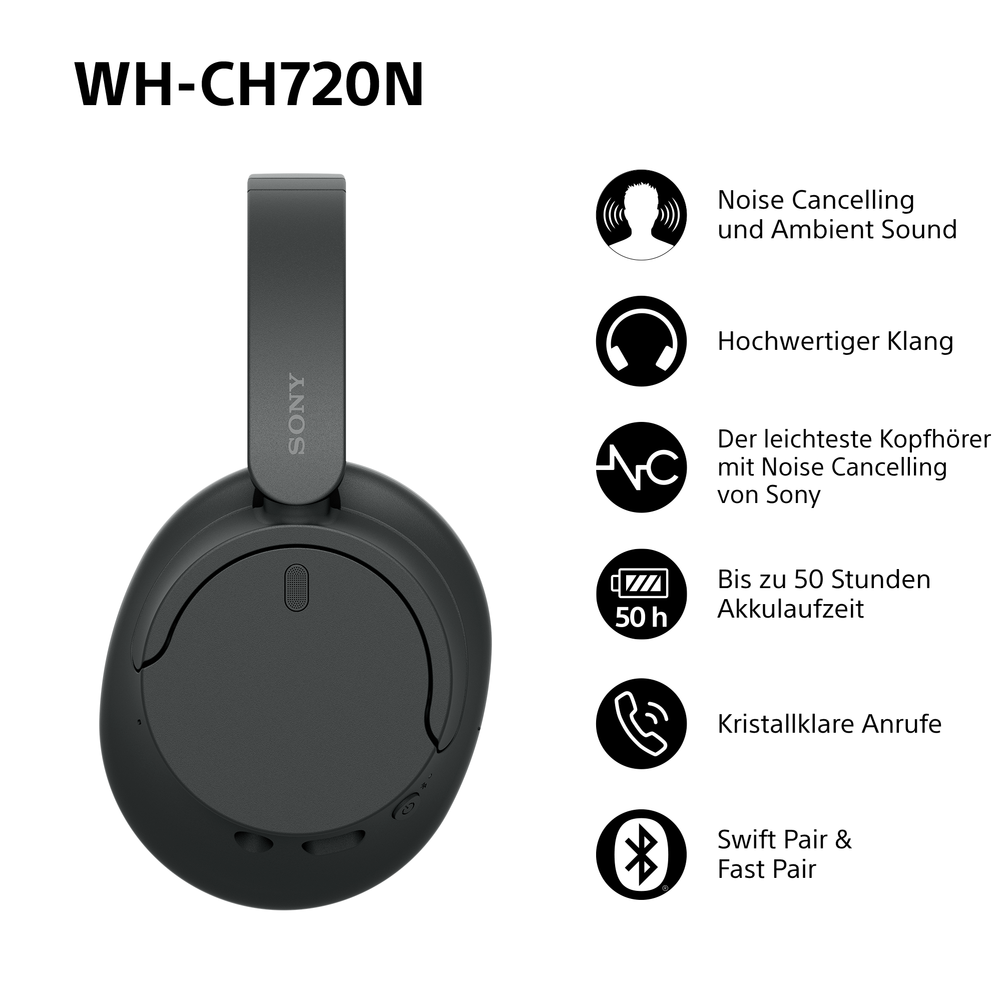 Schwarze Sony WH-CH720N Kopfhörer mit Symbolen, die Funktionen detaillieren.
