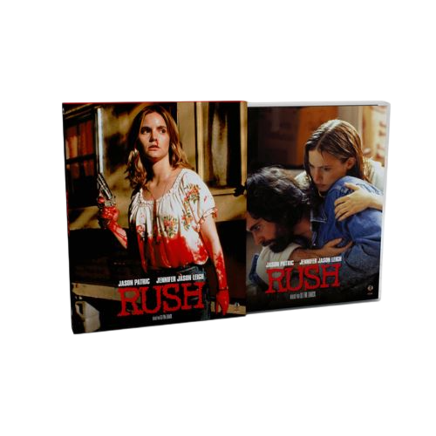 Jaquette DVD du film 'Rush'. Deux scènes avec acteurs, femme tenant une arme.