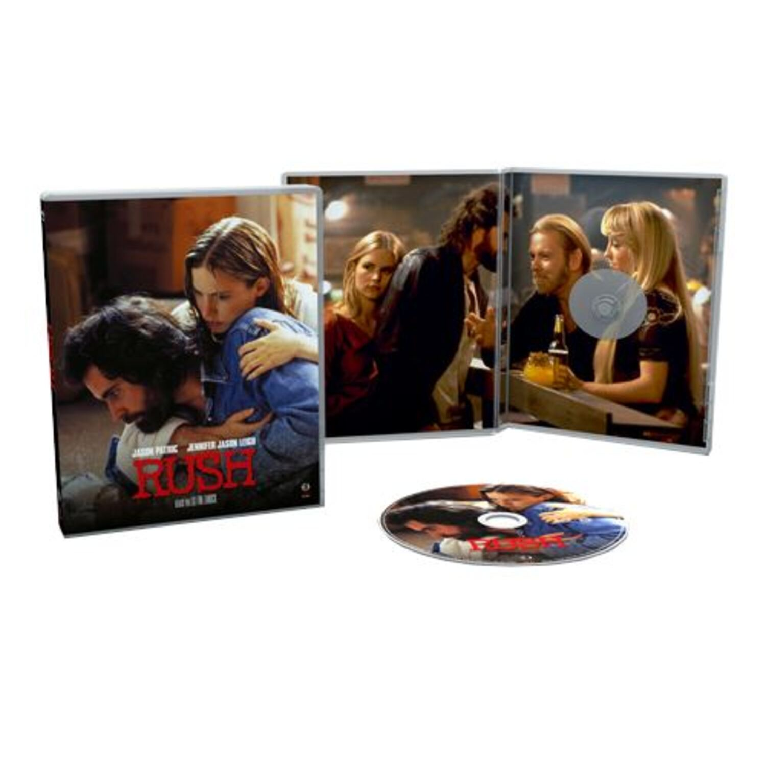 Coffret DVD avec le film 'Rush'. La couverture montre des personnes s'embrassant et une scène du film.