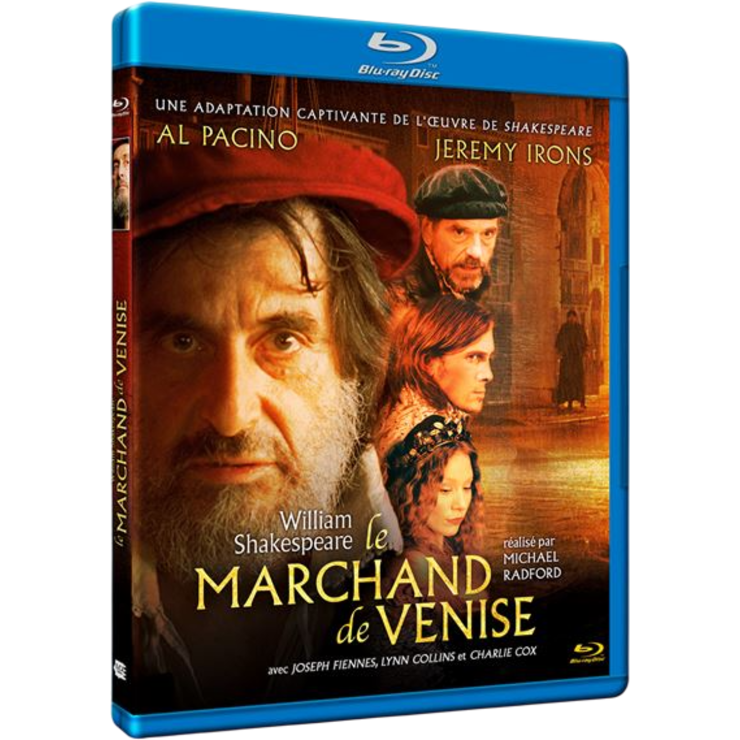 Boîtier DVD d'un film avec Al Pacino et Jeremy Irons sur la couverture. Le titre est 'Le Marchand de Venise'.