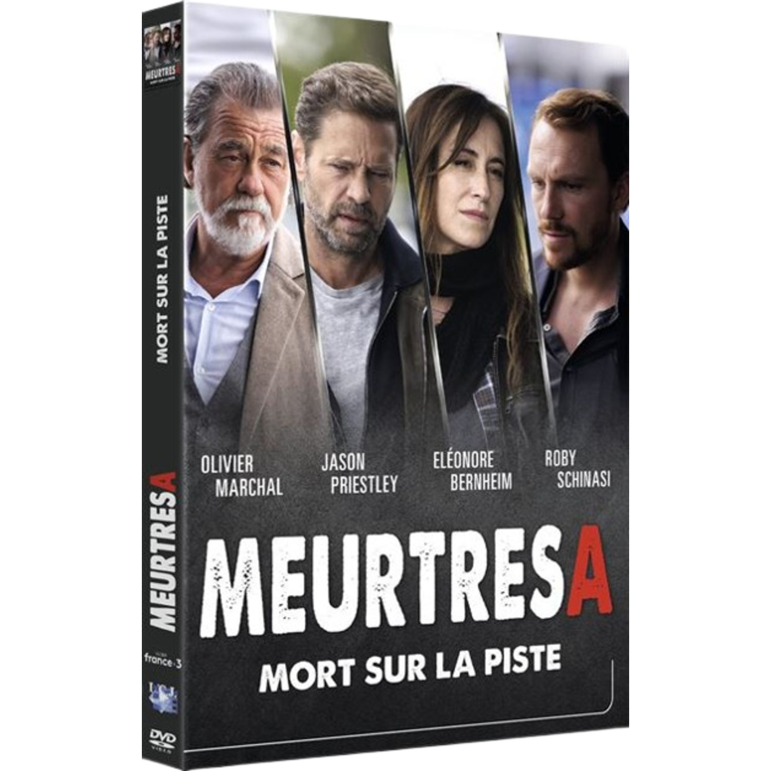 DVD-hoes van 'Meurtres à Mort sur la Piste'. Toont vier acteurs. Titel in vet rood.