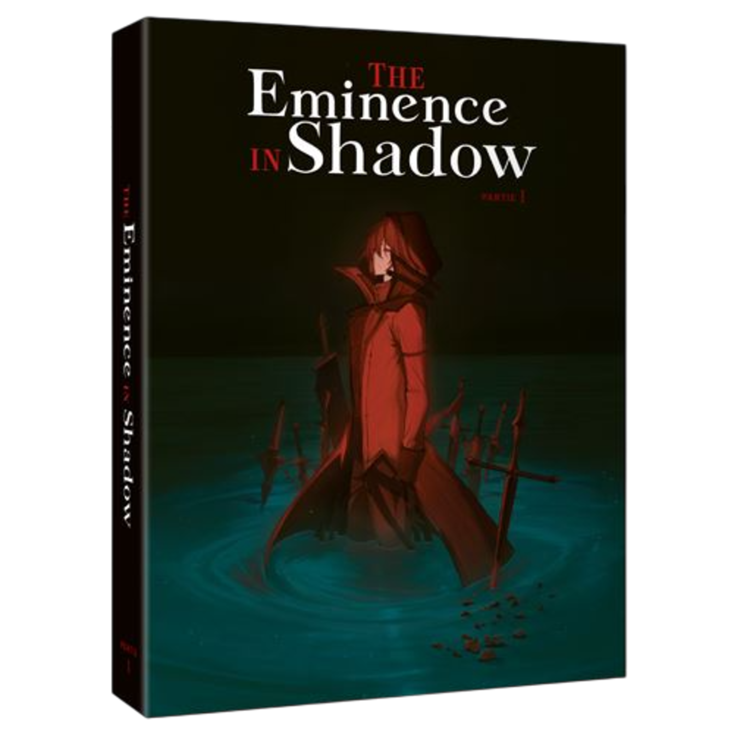 Couverture du livre The Eminence in Shadow. Un personnage en manteau rouge dans l'eau avec des épées.