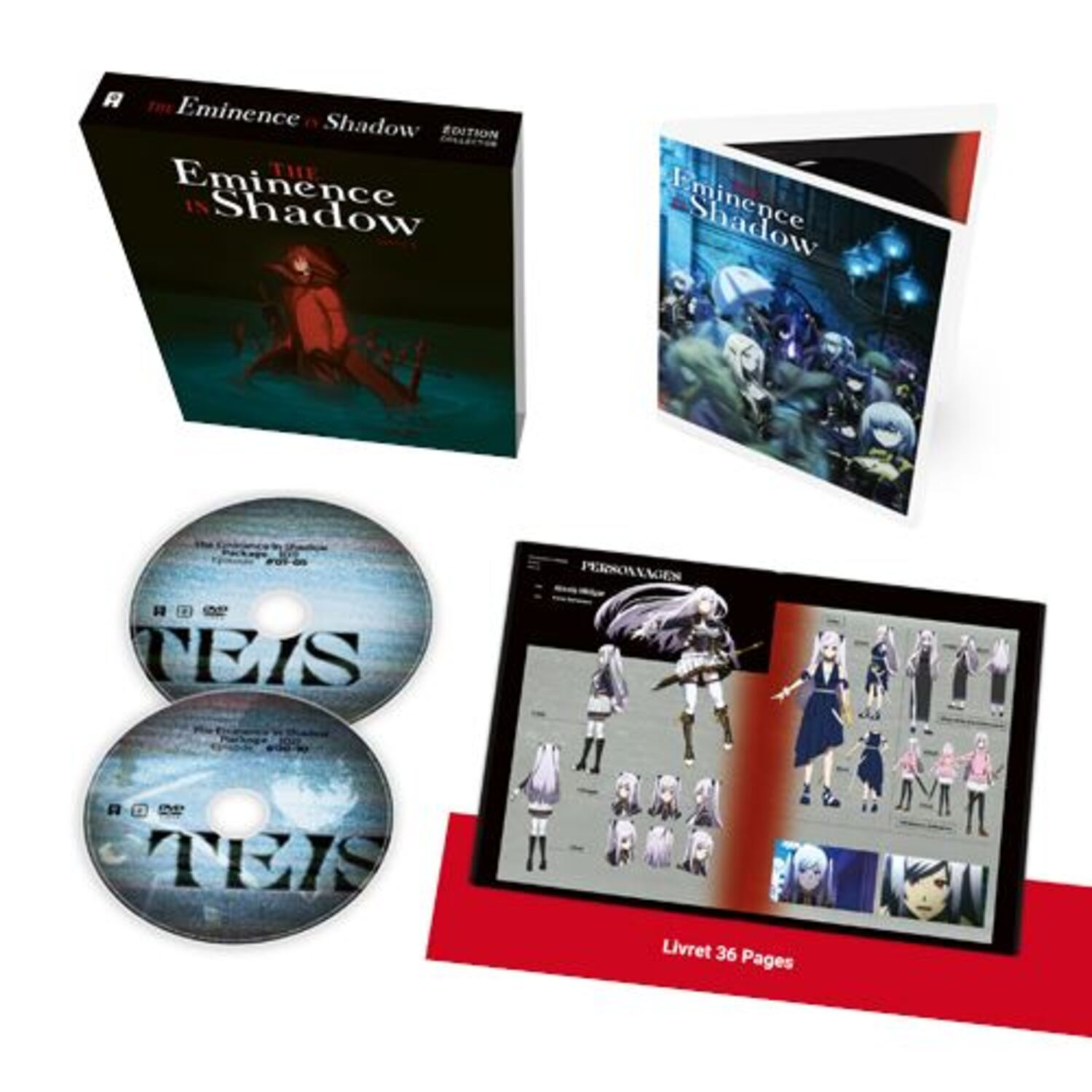 Coffret de l'anime 'The Eminence in Shadow'. Comprend des DVD, de l'art de personnages et un livret.