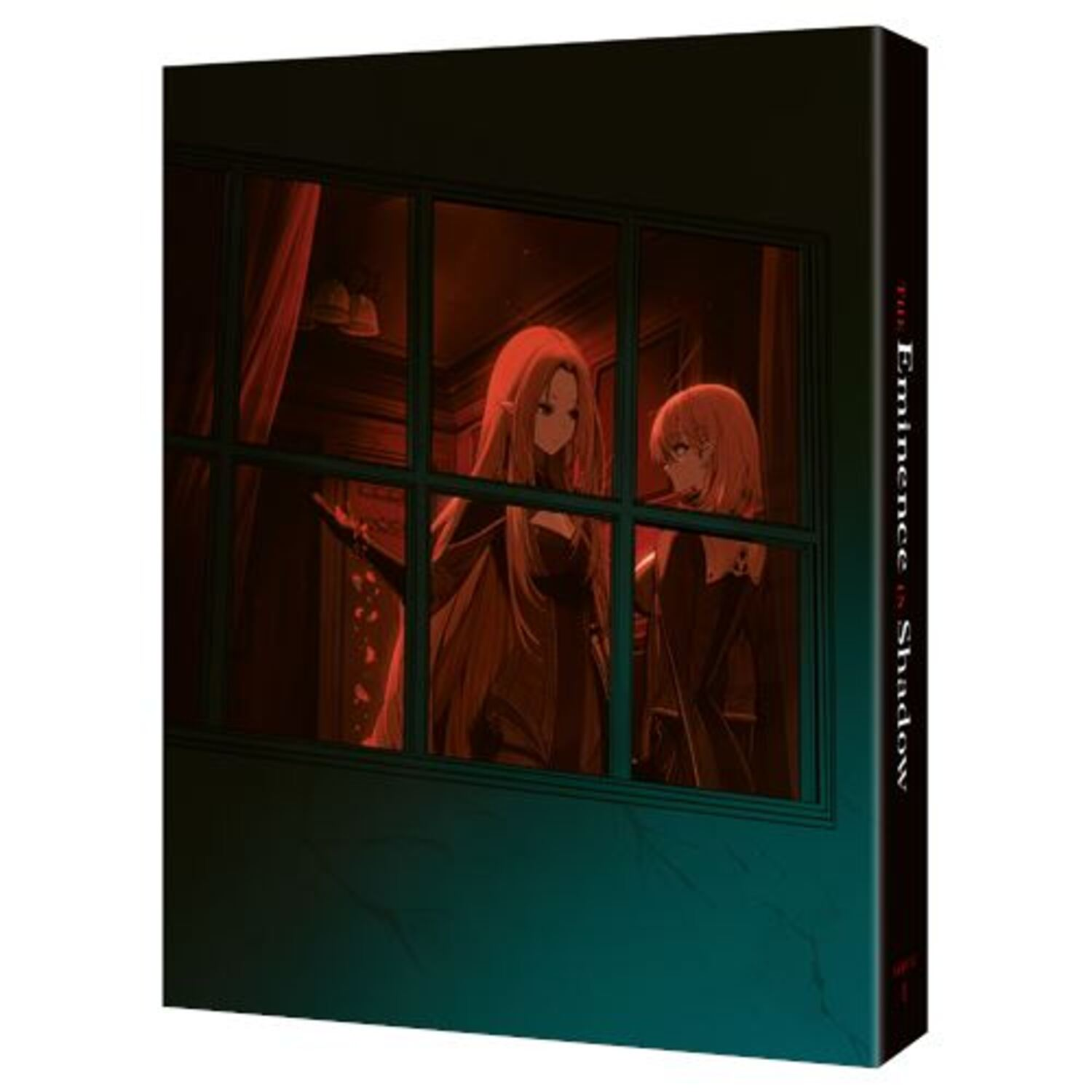 Couverture: Deux filles anime dans une fenêtre. Lumière rouge, couverture verte. Titre: The Eminence in Shadow.