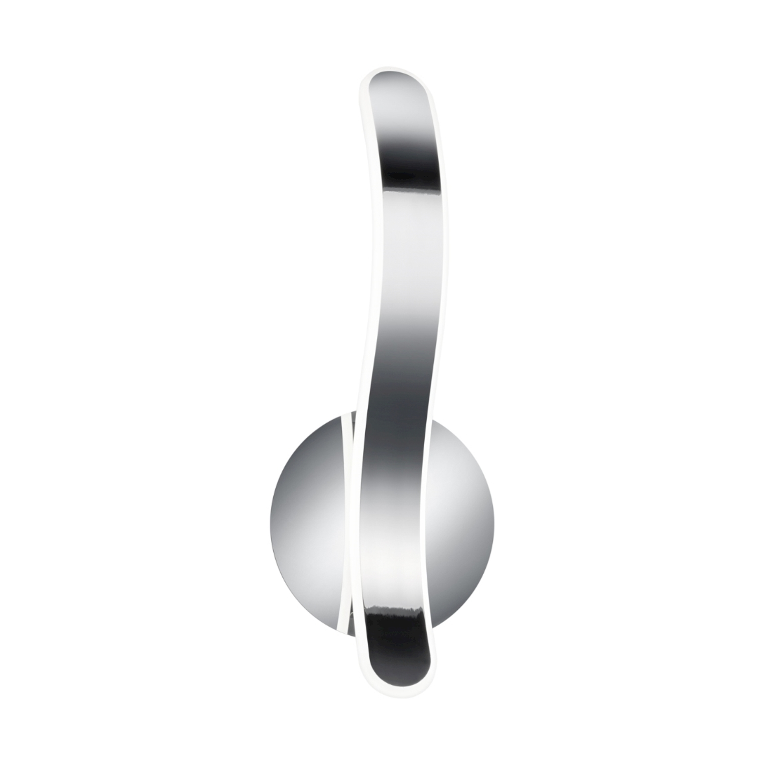 Una lampada da parete cromata con un design argentato curvo. La lampada ha una base rotonda e una forma elegante e moderna.
