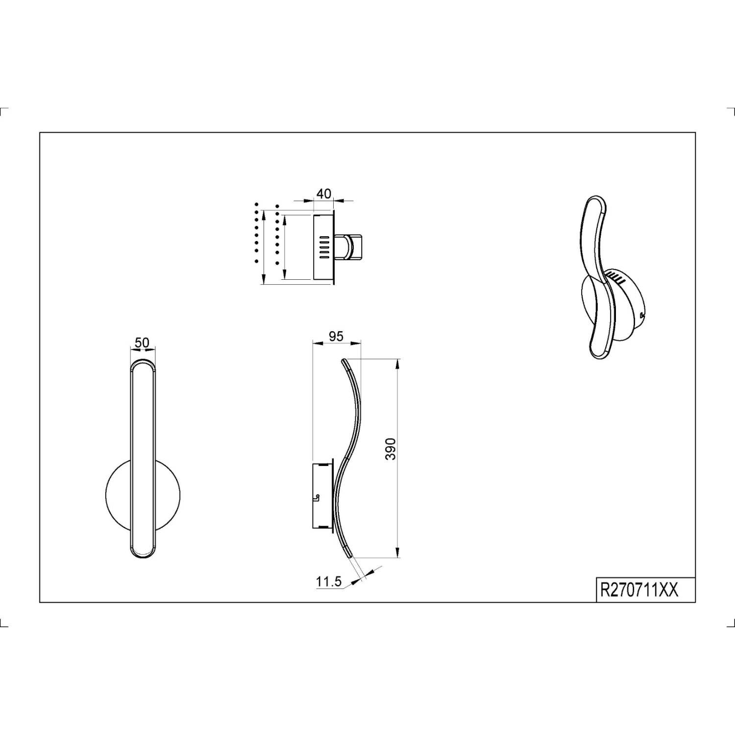 Disegno tecnico di una lampada da parete con misure e dimensioni.