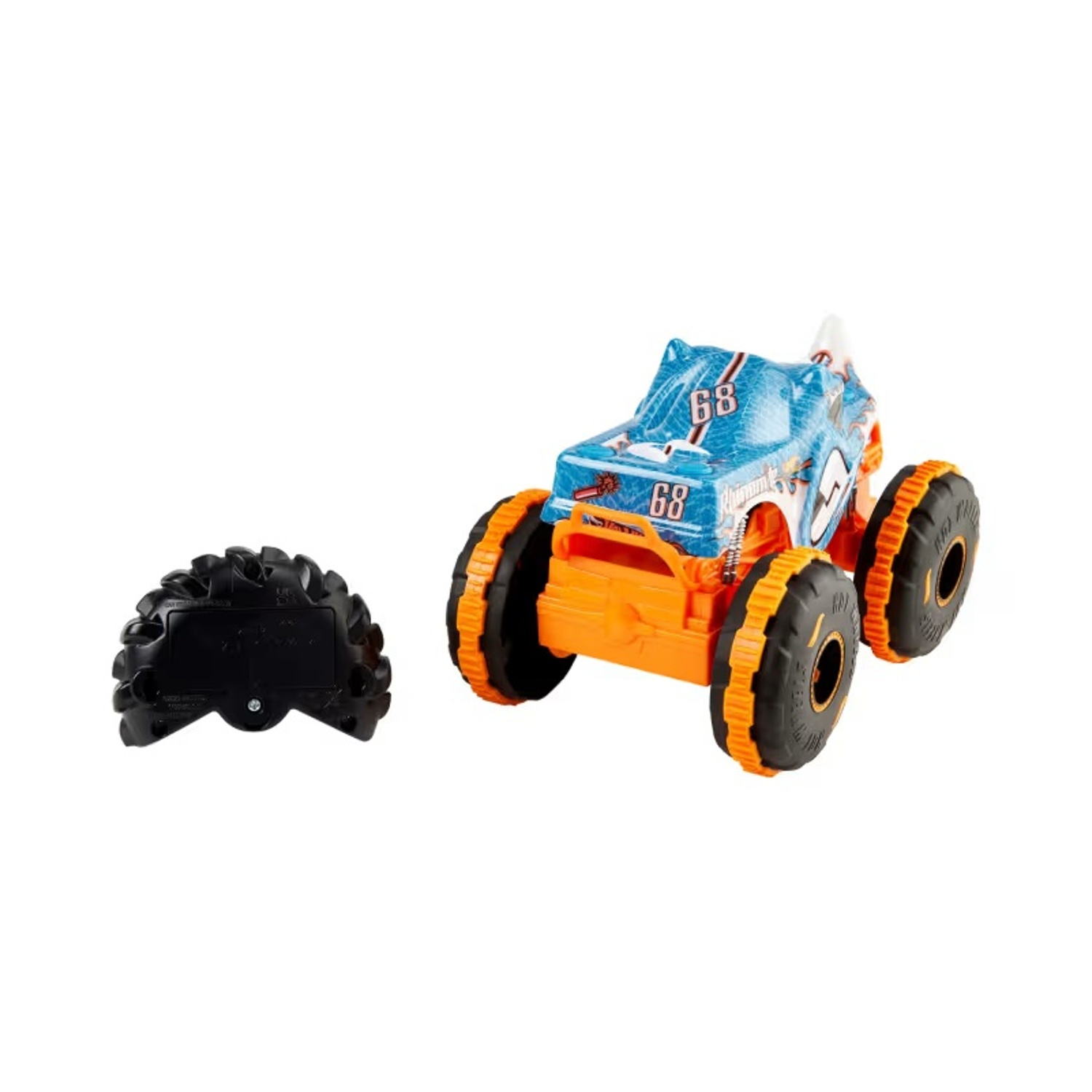 Un camion giocattolo blu e arancione con pneumatici neri e batteria.