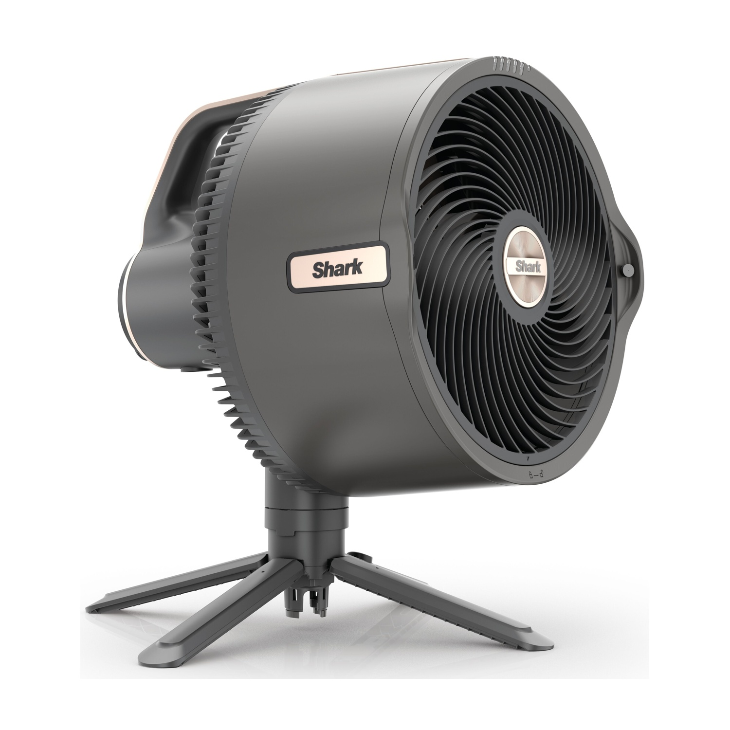 Ventilatore Shark nero e oro, base a treppiede, vista laterale.