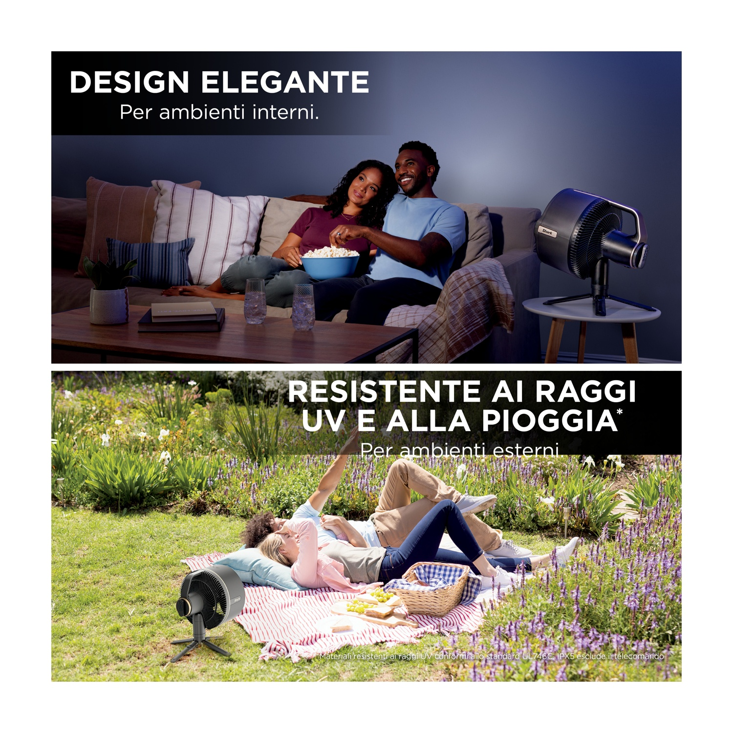 Persone sedute su un divano e sdraiate sull'erba vicino a un ventilatore.
