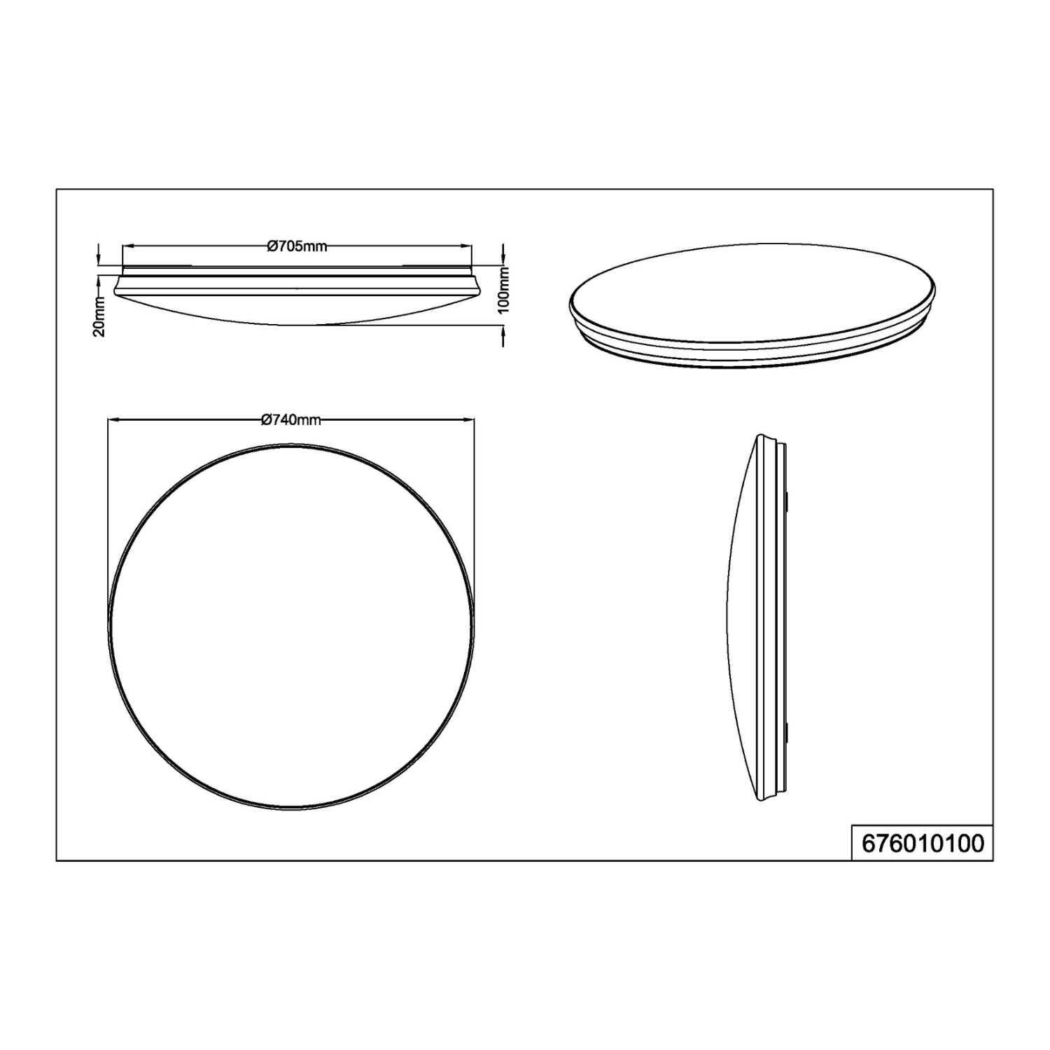 Disegno tecnico di una lampada da soffitto rotonda, con misure.