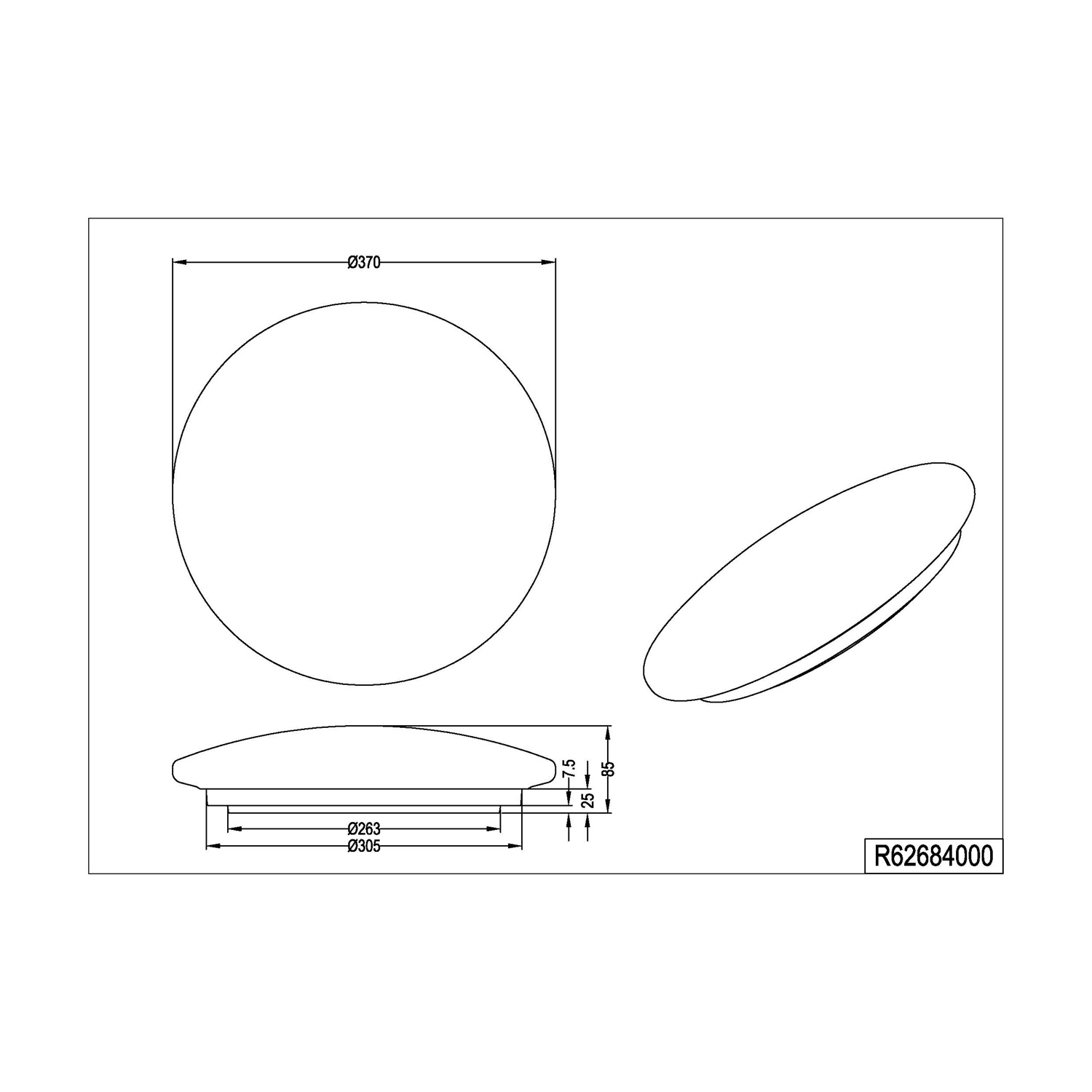 Disegno tecnico di un apparecchio di illuminazione a LED rotondo con dimensioni.