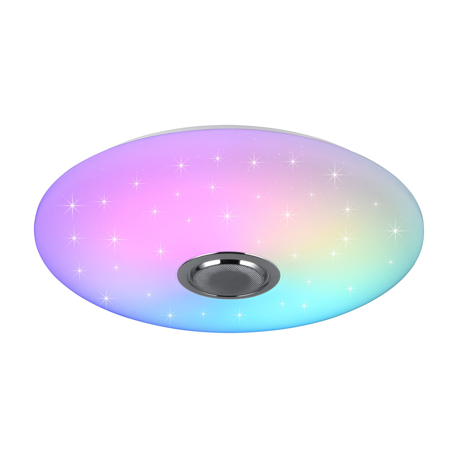 Una plafoniera rotonda con luci che cambiano colore e un altoparlante centrale di forma ovale.