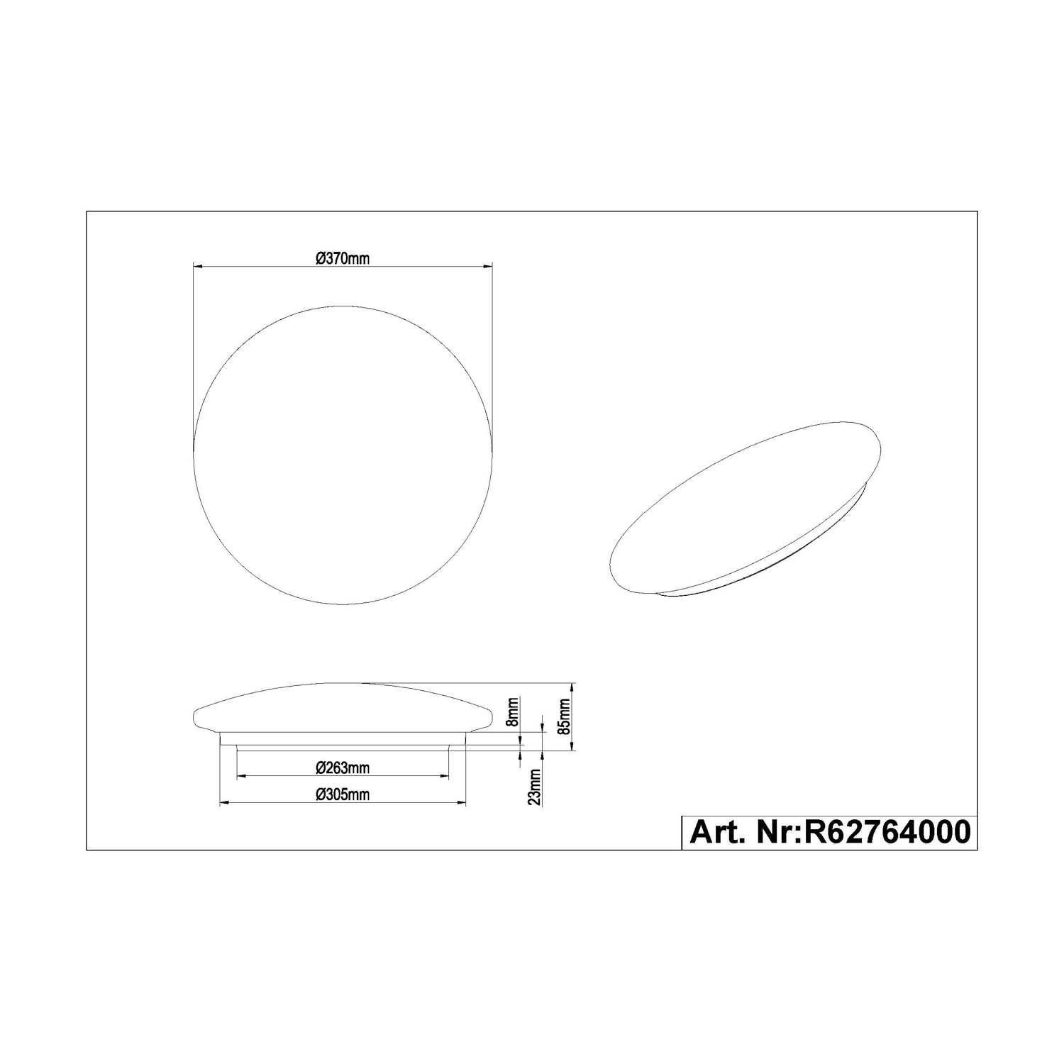 Disegno tecnico di un apparecchio di illuminazione circolare con dimensioni e testo 'Art. Nr:R62764000'.