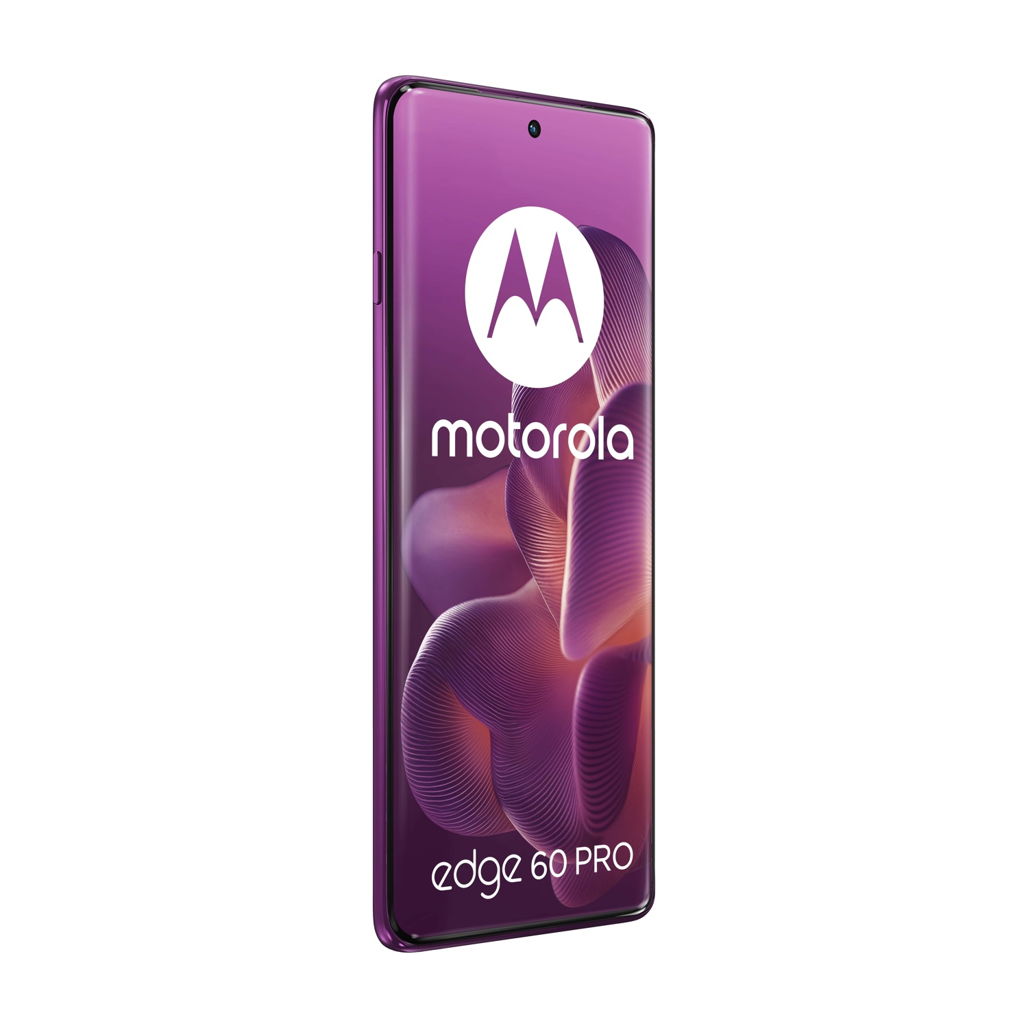 Telefono Motorola Edge 60 Pro viola, vista angolata, con un grande logo e sfondo bianco.