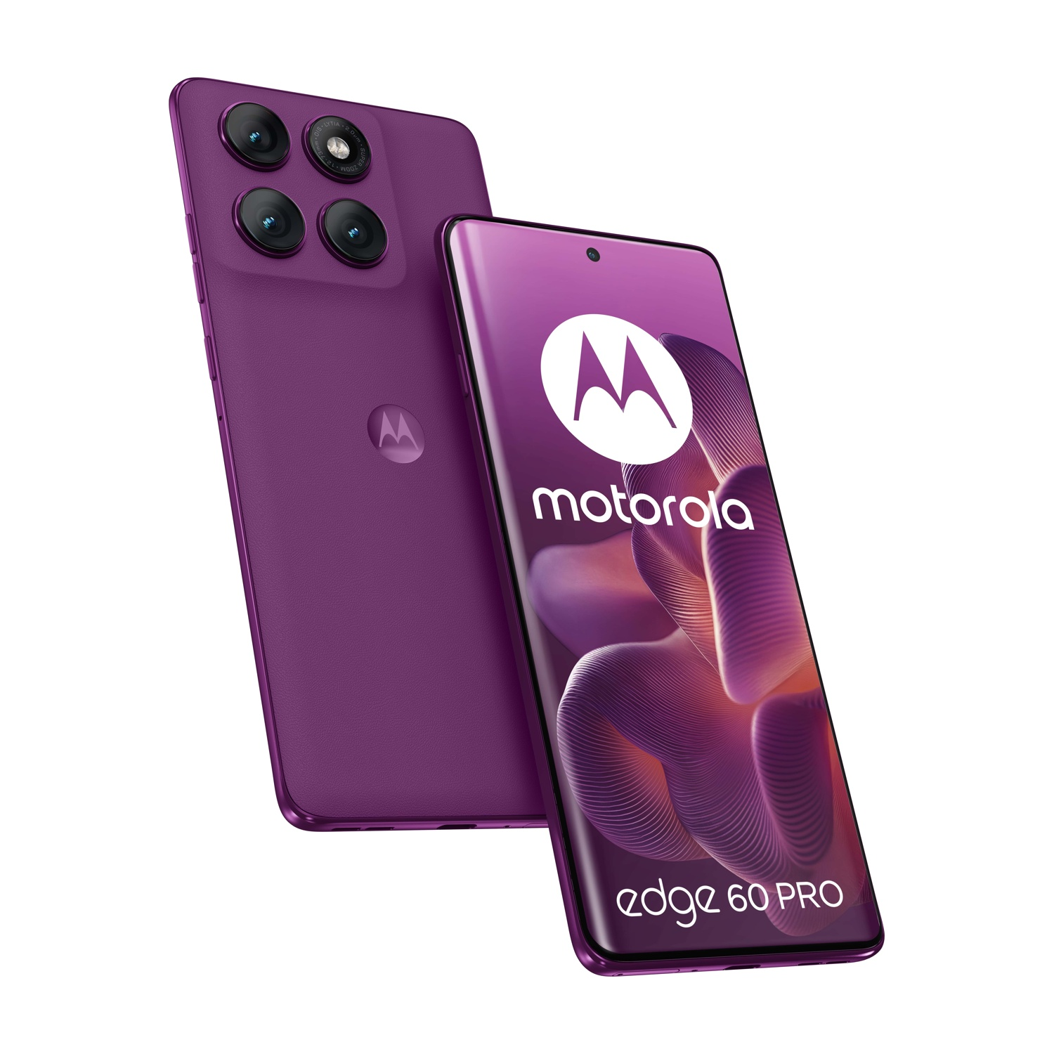 Due smartphone viola, uno mostra schermo con logo, più fotocamere posteriori.