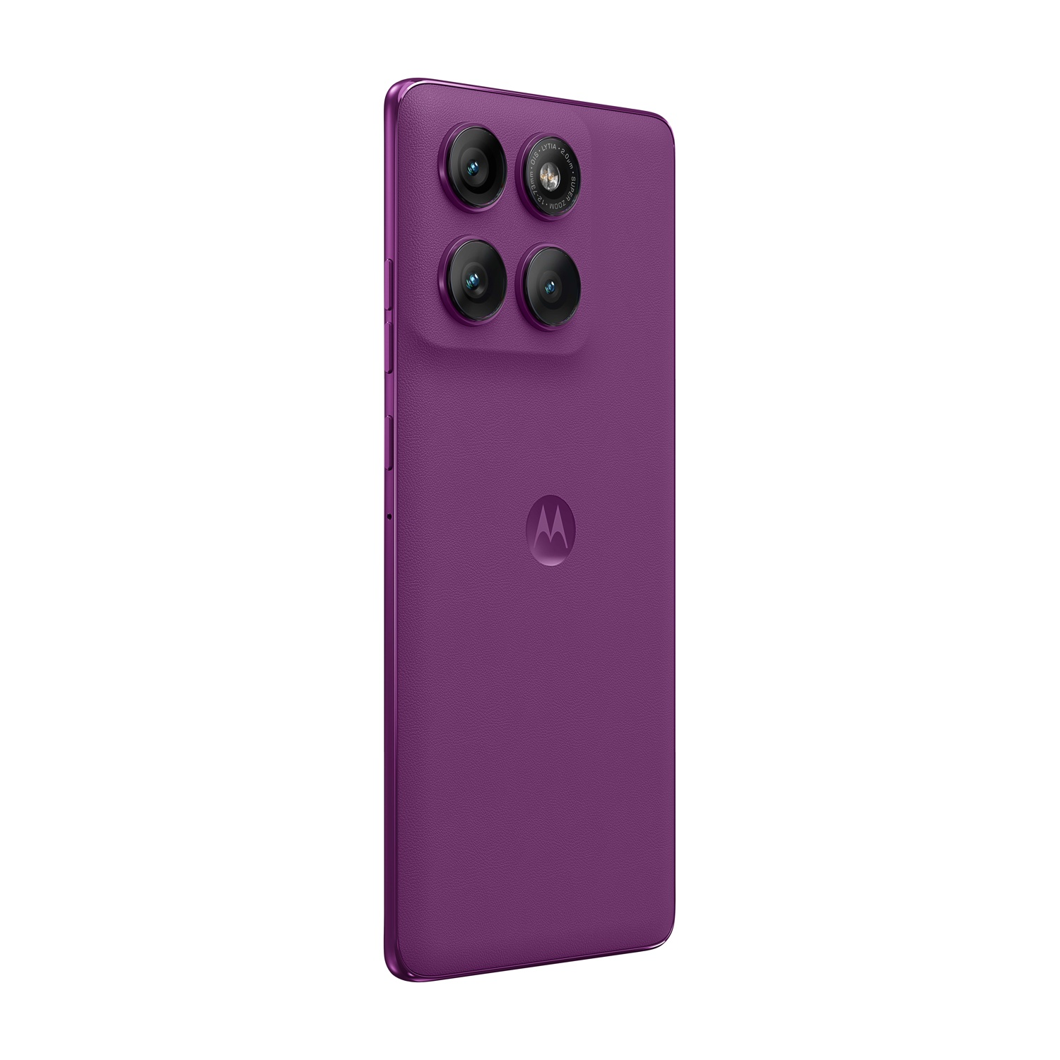 Smartphone viola, vista posteriore. Quattro obiettivi della fotocamera e logo Motorola visibili.