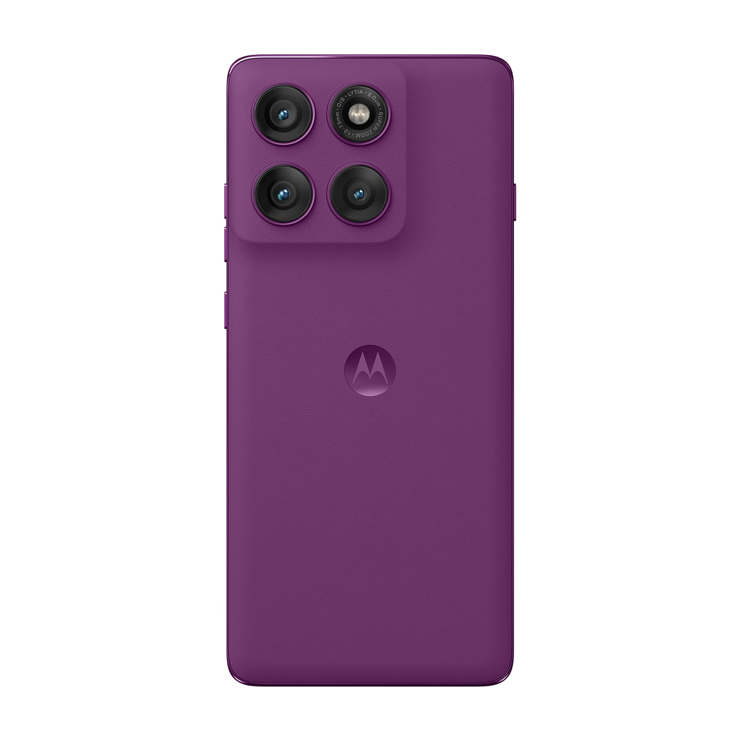 Un telefono viola con quattro fotocamere sul retro. Il logo Motorola è al centro.