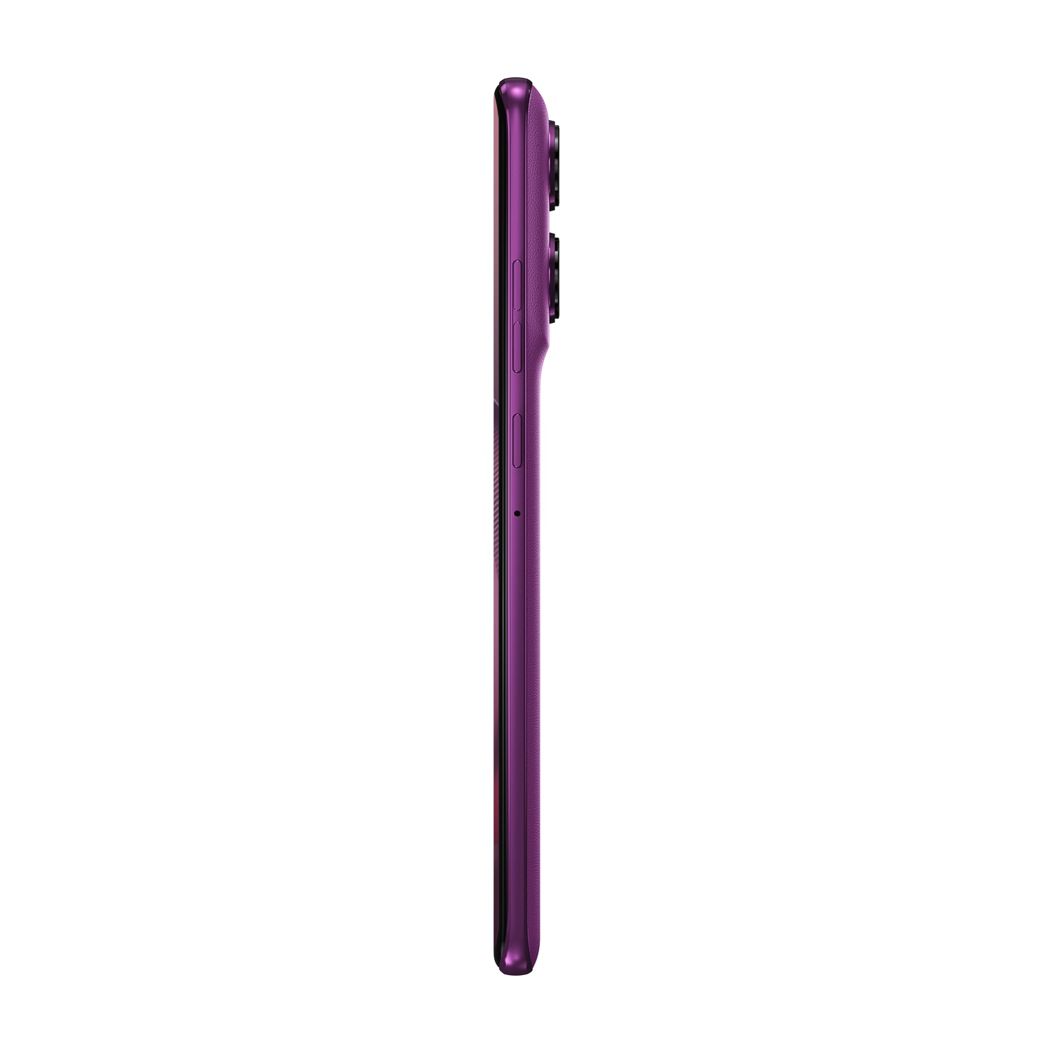 Vista laterale di uno smartphone viola. Ha un dosso della fotocamera e dei pulsanti.