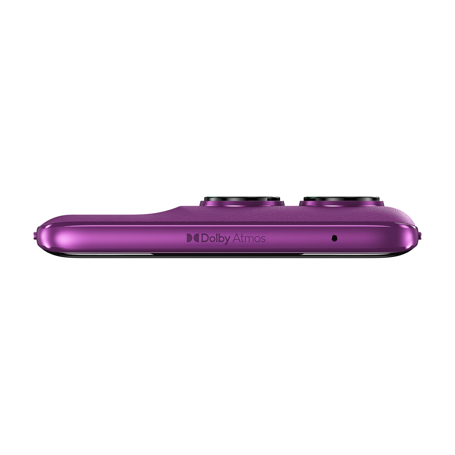 Lato del telefono viola con testo Dolby Atmos e due lenti della fotocamera.