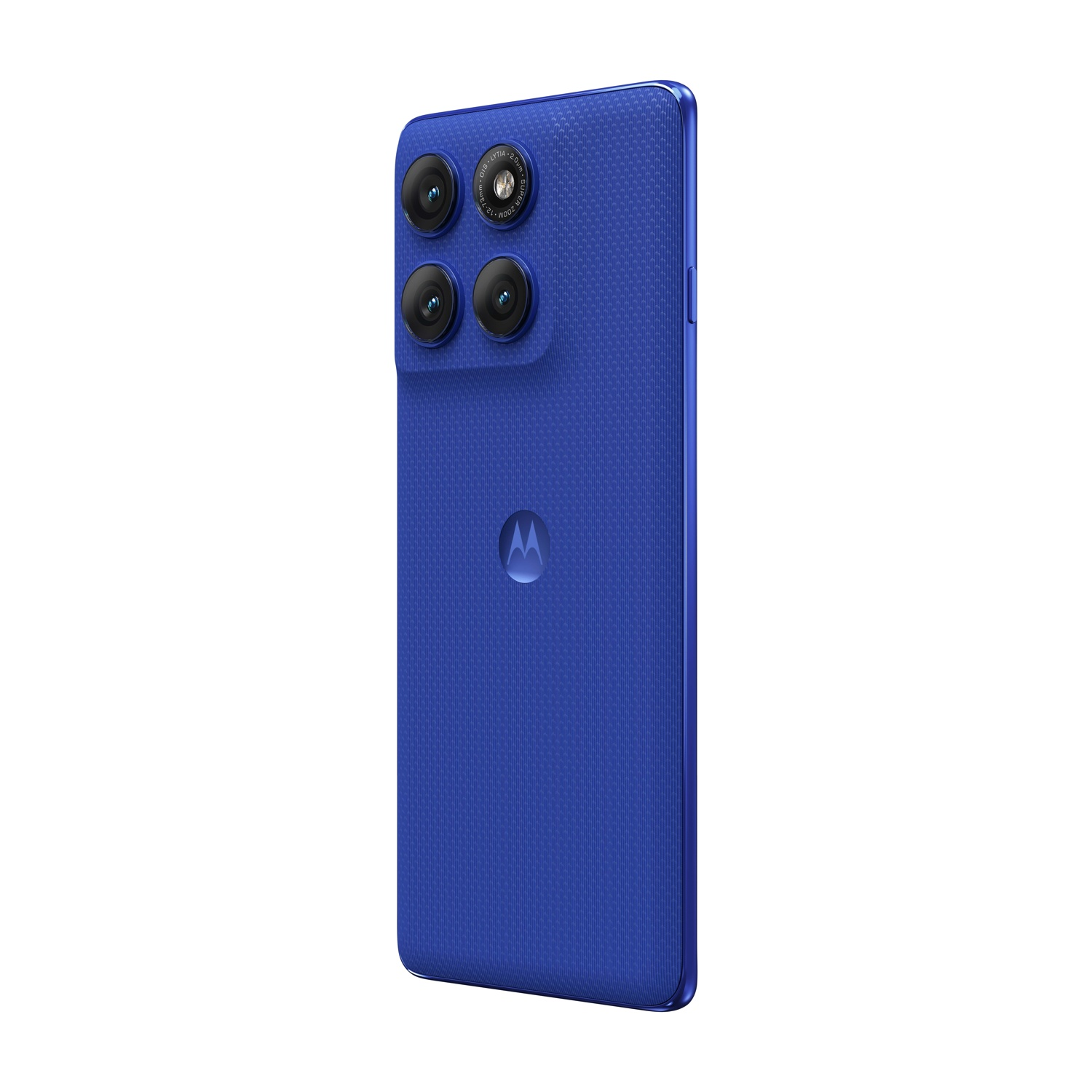 Uno smartphone blu con retro strutturato e lenti multiple.
