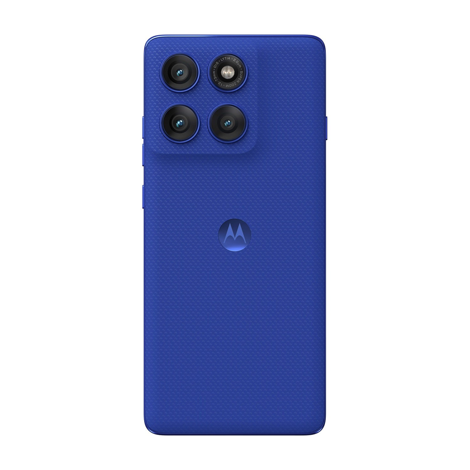 Smartphone blu con quattro fotocamere posteriori e un logo.