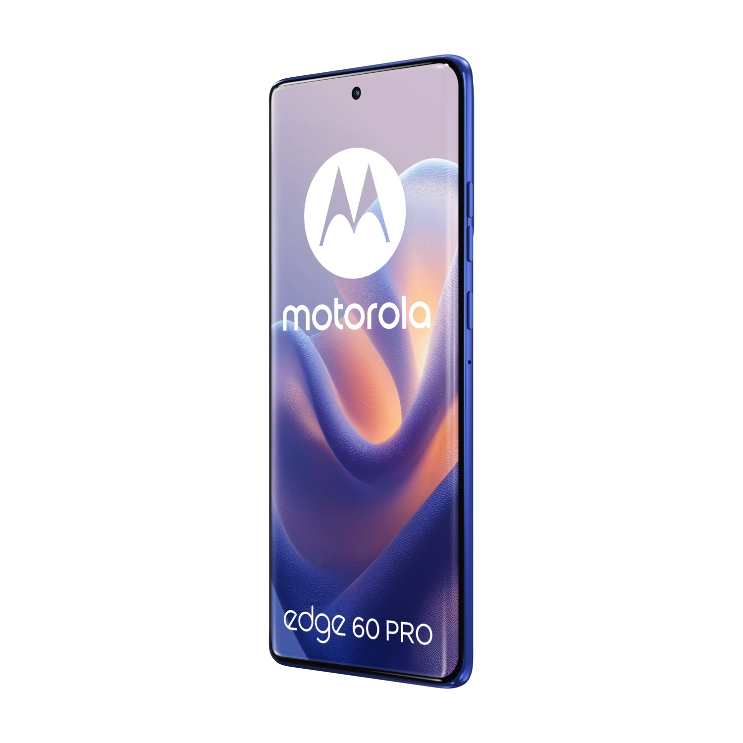 Uno smartphone Motorola Edge 60 Pro blu, mostrato ad angolo, che mostra lo schermo frontale.