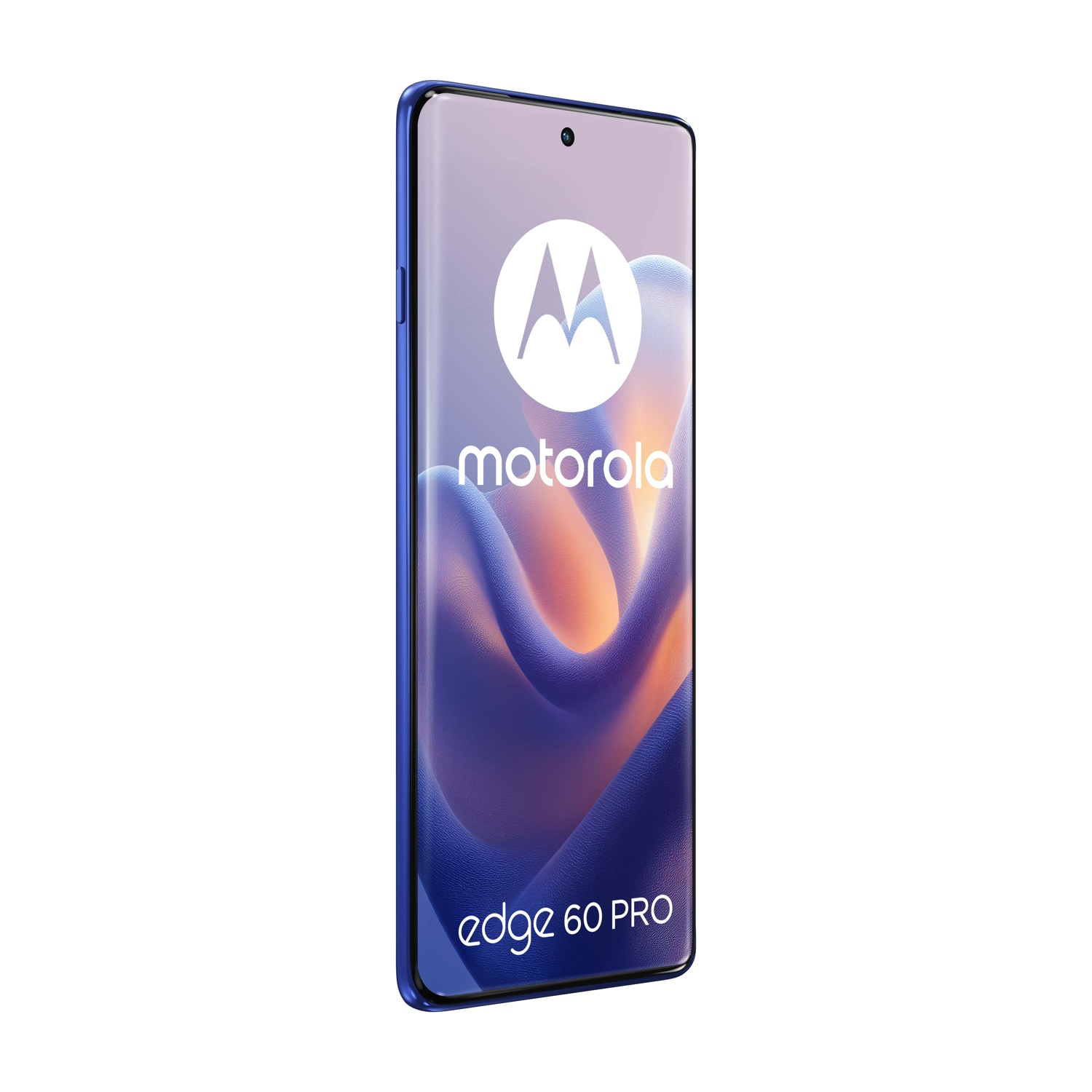 Smartphone Motorola Edge 60 Pro blu, con il logo Motorola sullo schermo.