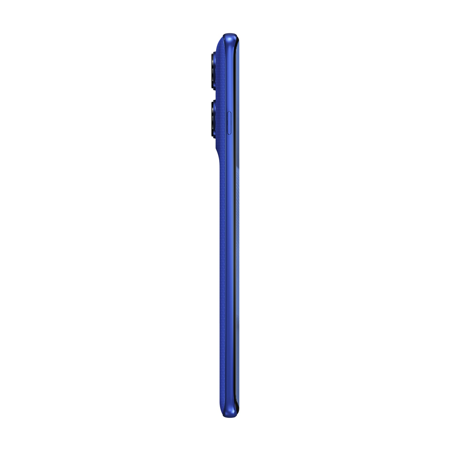 Vista laterale di uno smartphone blu su sfondo bianco.