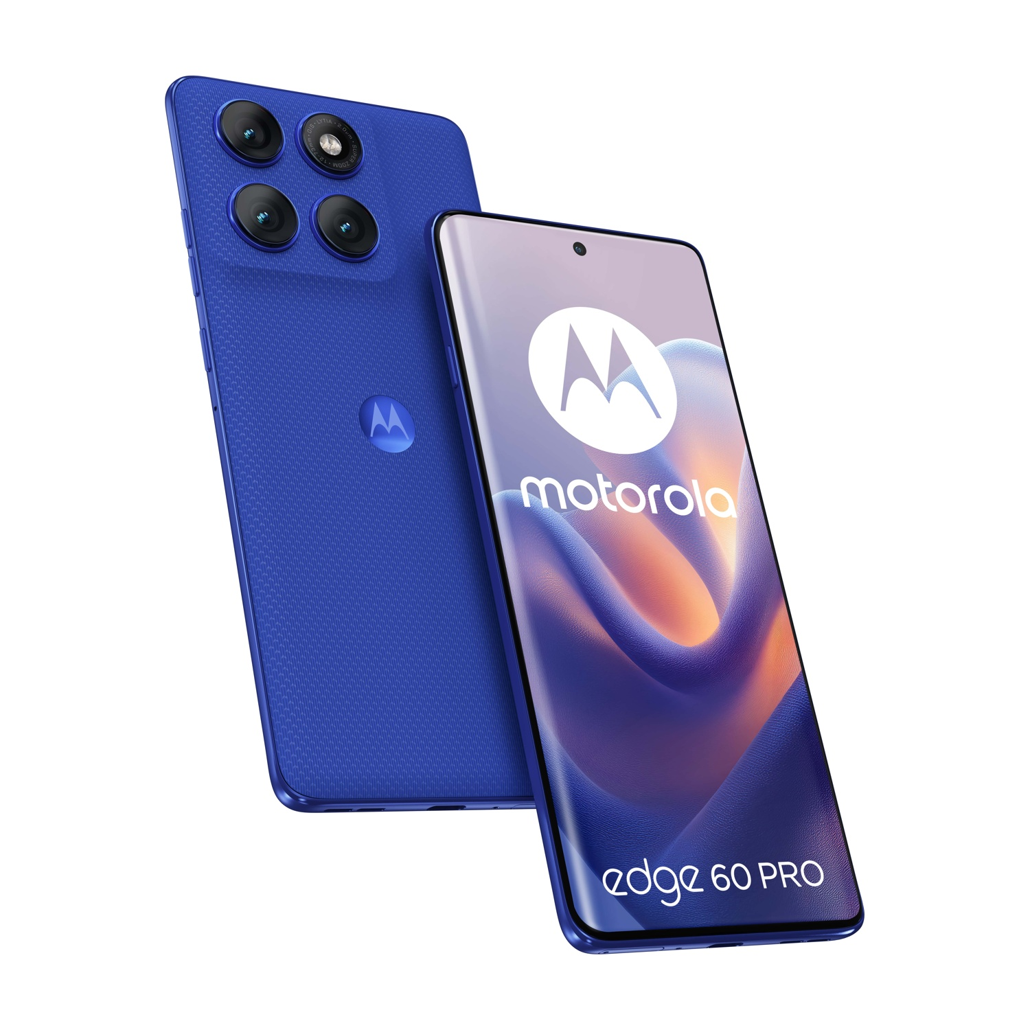 Smartphone blu Motorola Edge 60 Pro, con due telefoni mostrati.