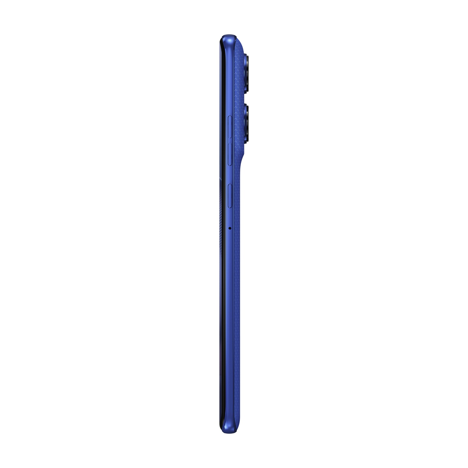 Vista laterale di uno smartphone blu. Tasti volume e accensione visibili.