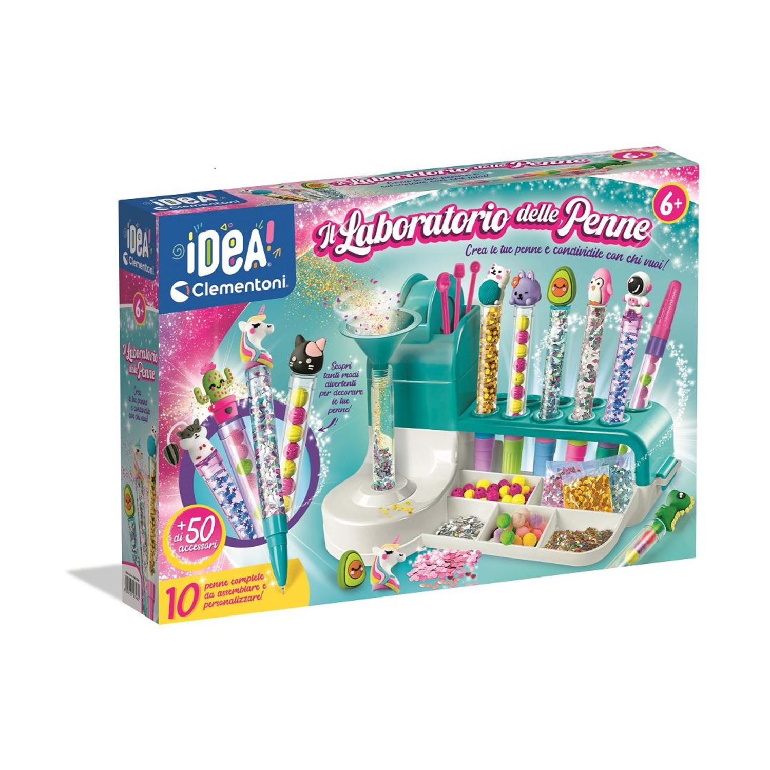 Set di artigianato per bambini: kit per fare penne, vari componenti colorati.