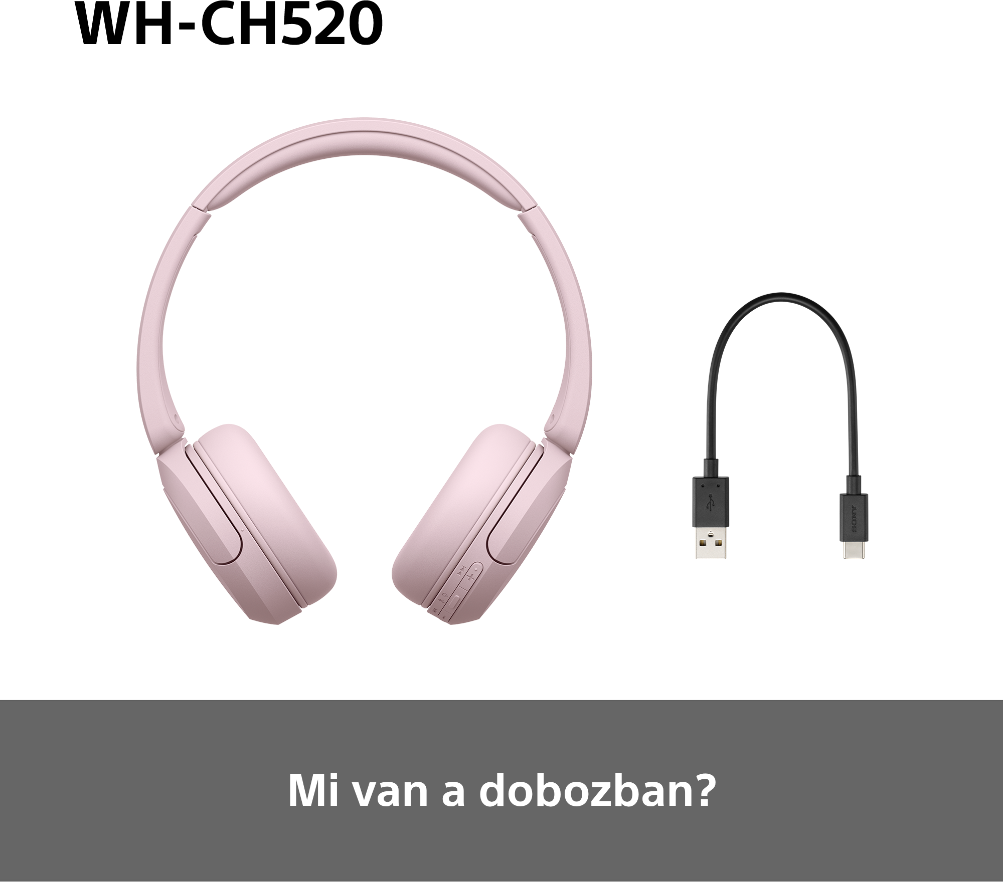 Rózsaszín fejhallgató fekete USB-kábellel fehér háttéren.