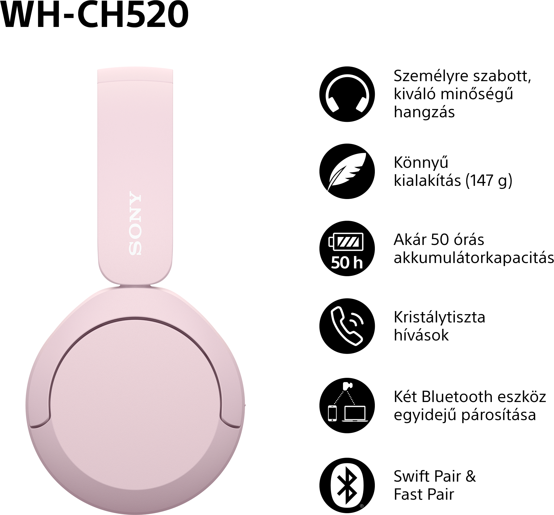 Rózsaszín Sony fejhallgató szöveggel és ikonokkal, amelyek a funkciókat írják le.