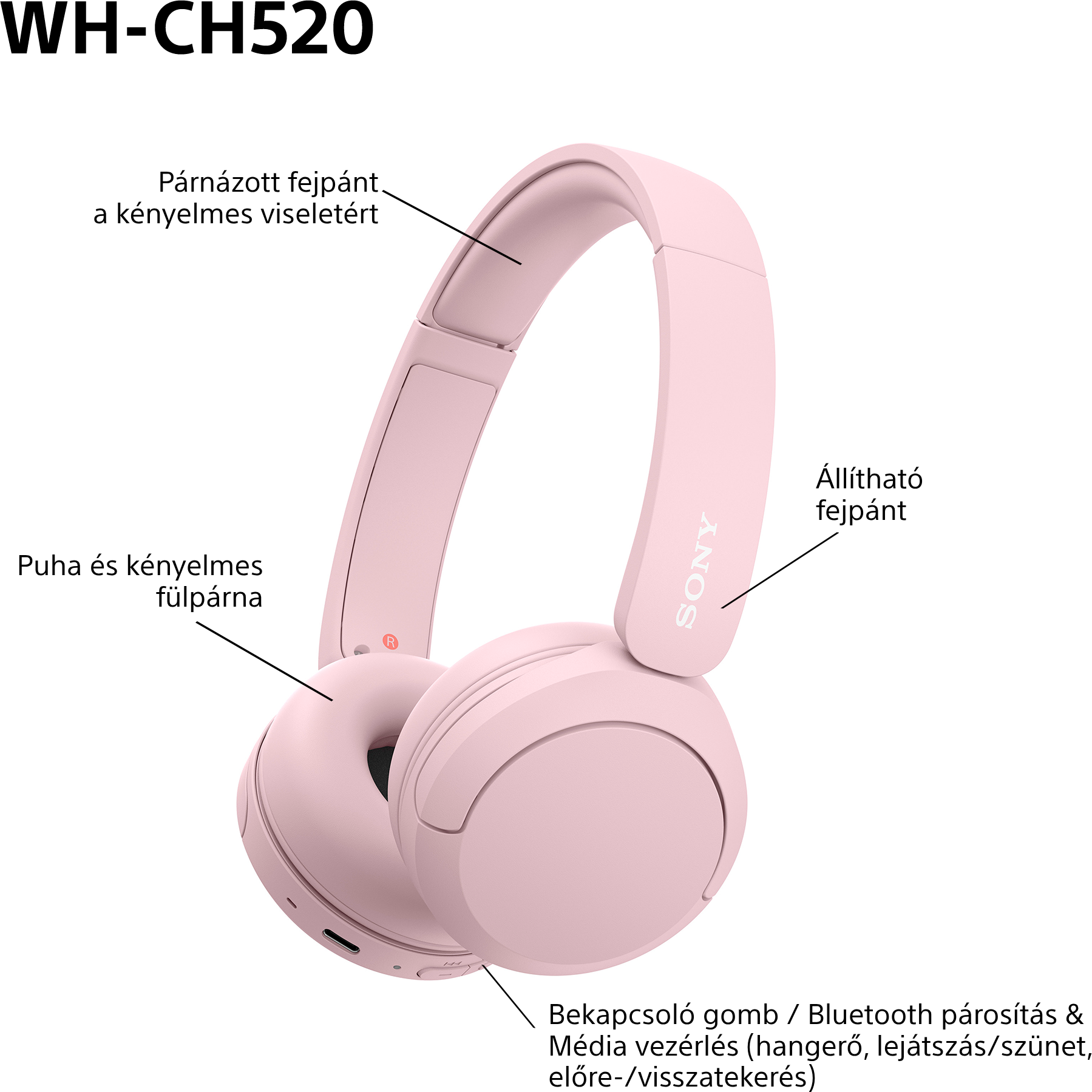 Rózsaszín Sony fejhallgató, fülkagyló és fejpánt részletekkel.