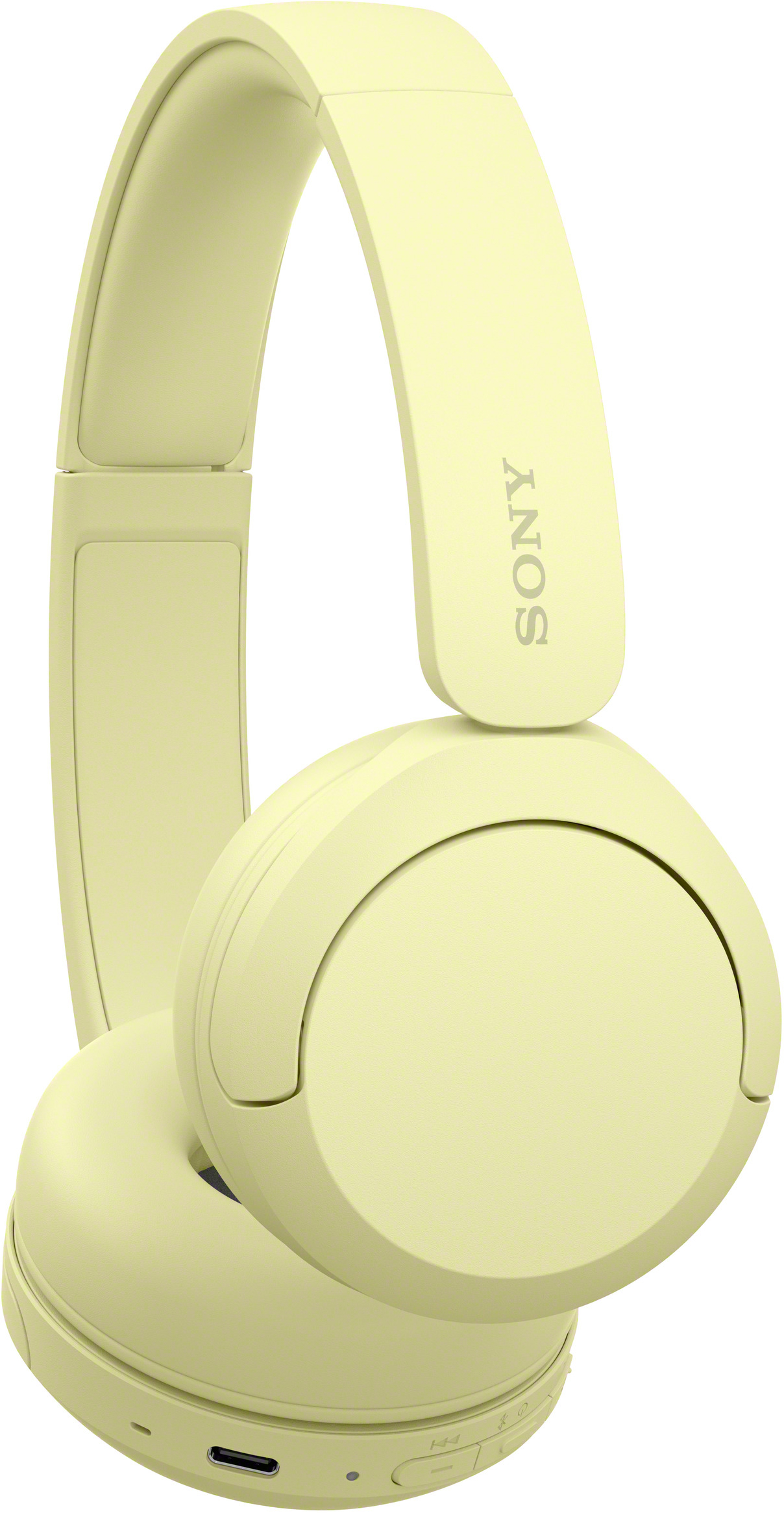 Sárga Sony fejhallgató, oldalnézet, enyhén szöges. A dizájn sima és modern, fülkagylókkal és fejpánttal.