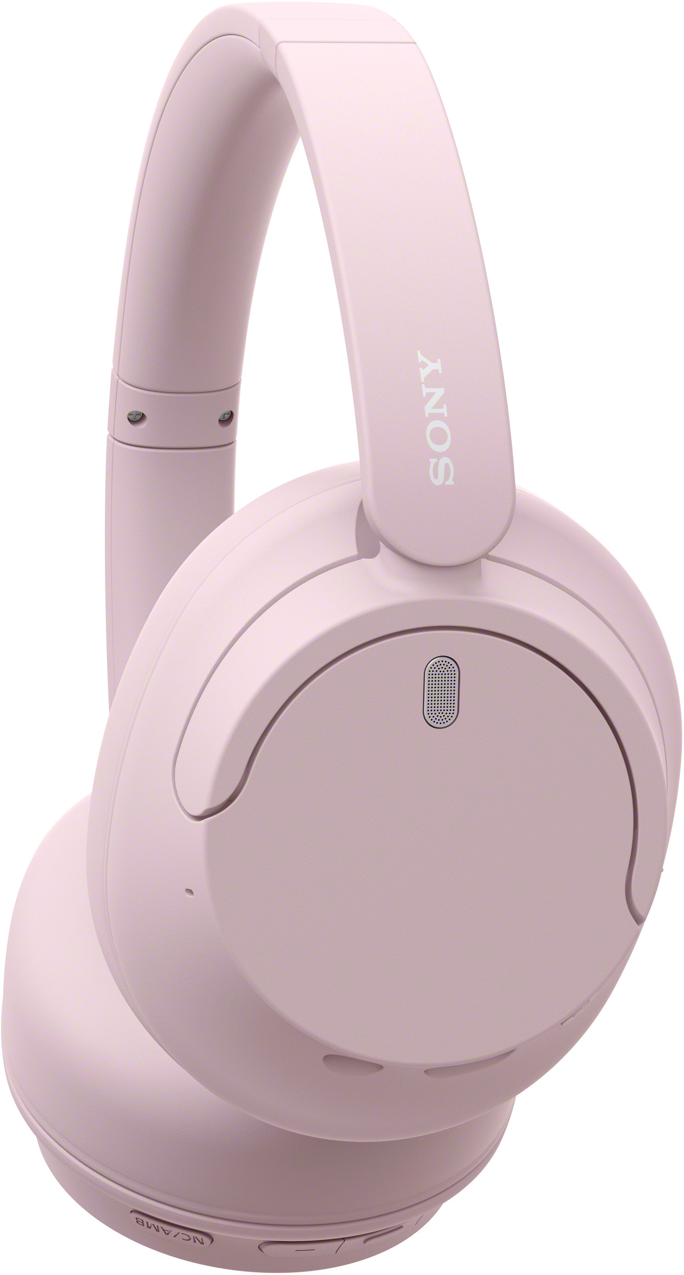 Rózsaszín vezeték nélküli fejhallgató, a SONY szóval a fejpánton. A fülkagylók kerekek.