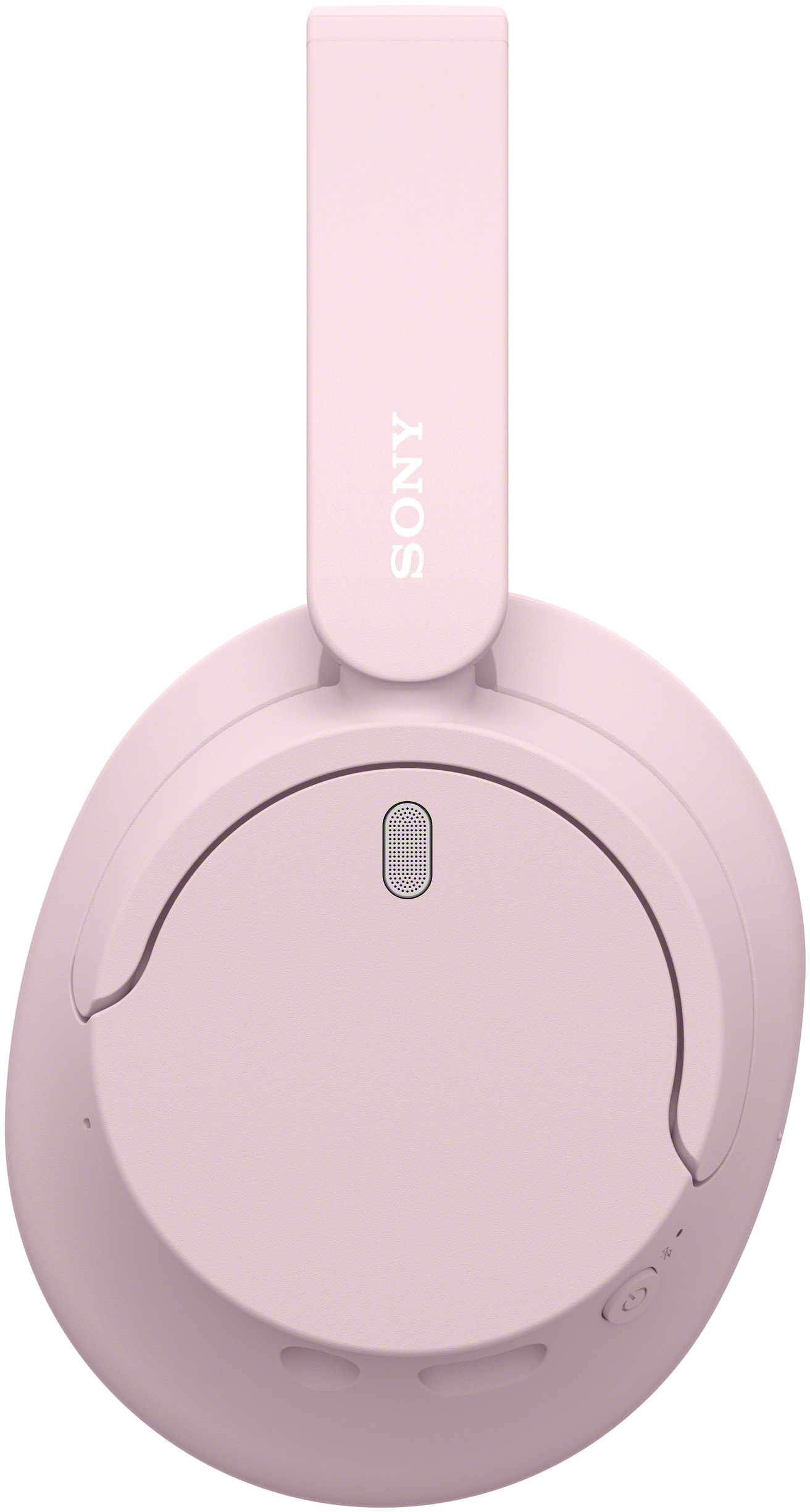 Rózsaszín Sony fejhallgató, felülnézet. A fülkagylókat, fejpántot és egy mikrofonnyílást mutat az egyik fülkagylón.