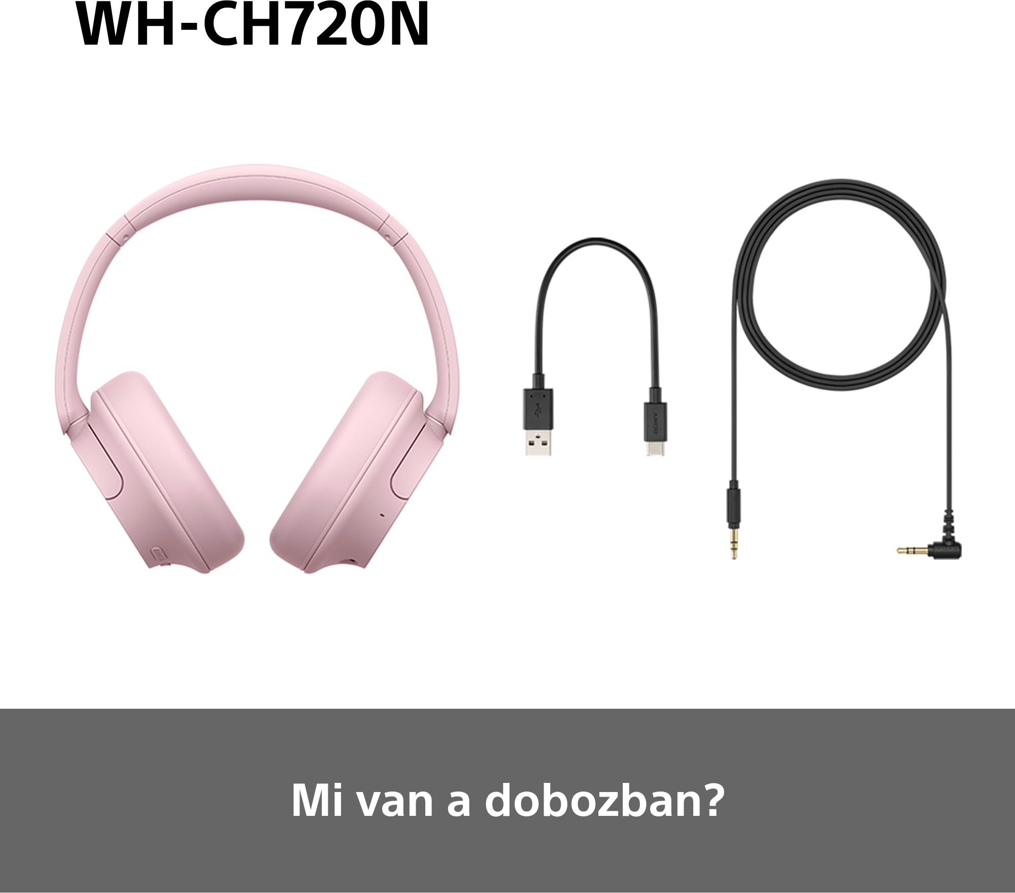 Rózsaszín fejhallgató és töltőkábel fehér háttéren. Egy fekete kábel is látható.