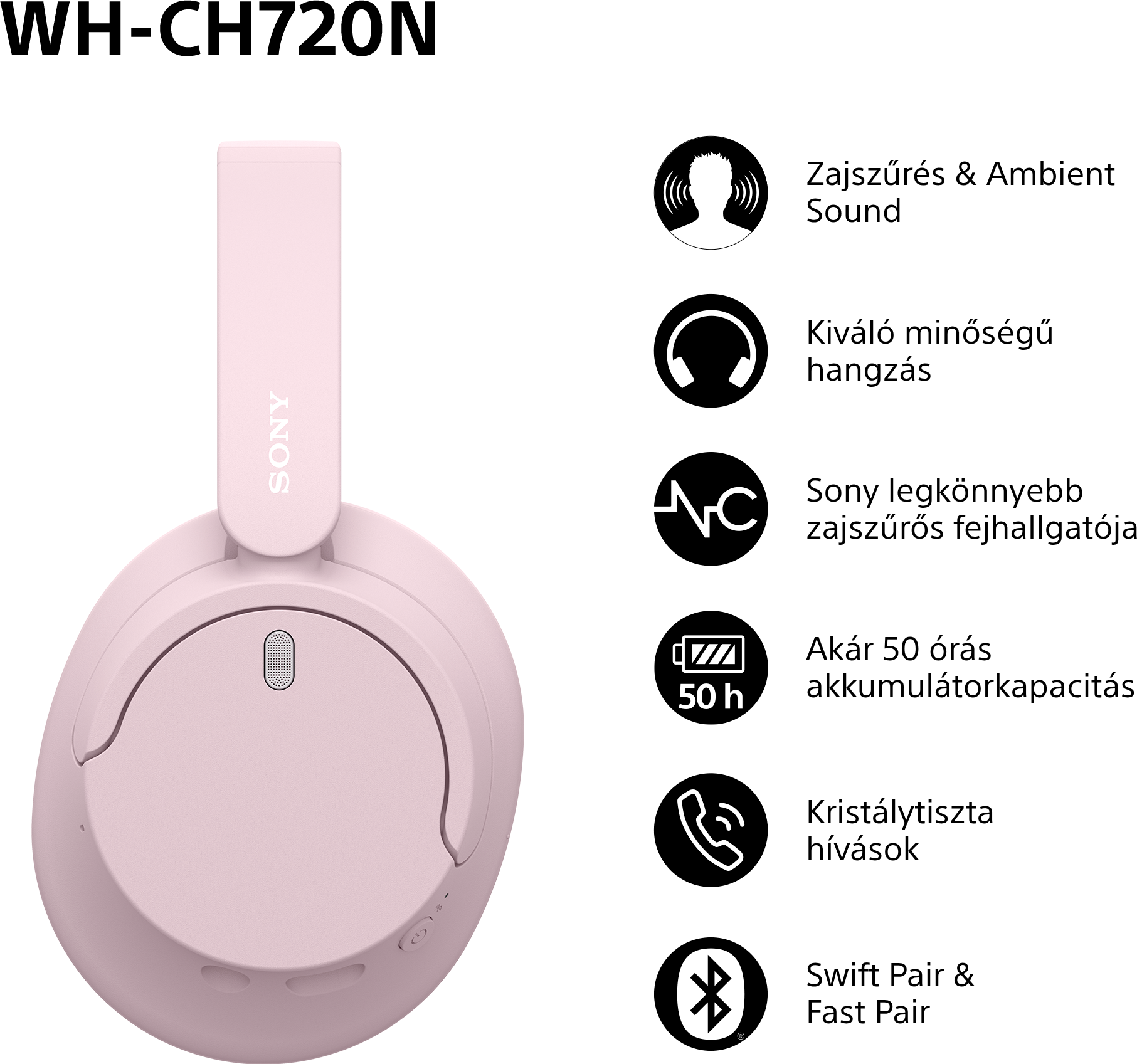 Rózsaszín Sony fejhallgató magyar nyelvű funkciókkal, zajszűréssel és akkumulátor-üzemidővel.