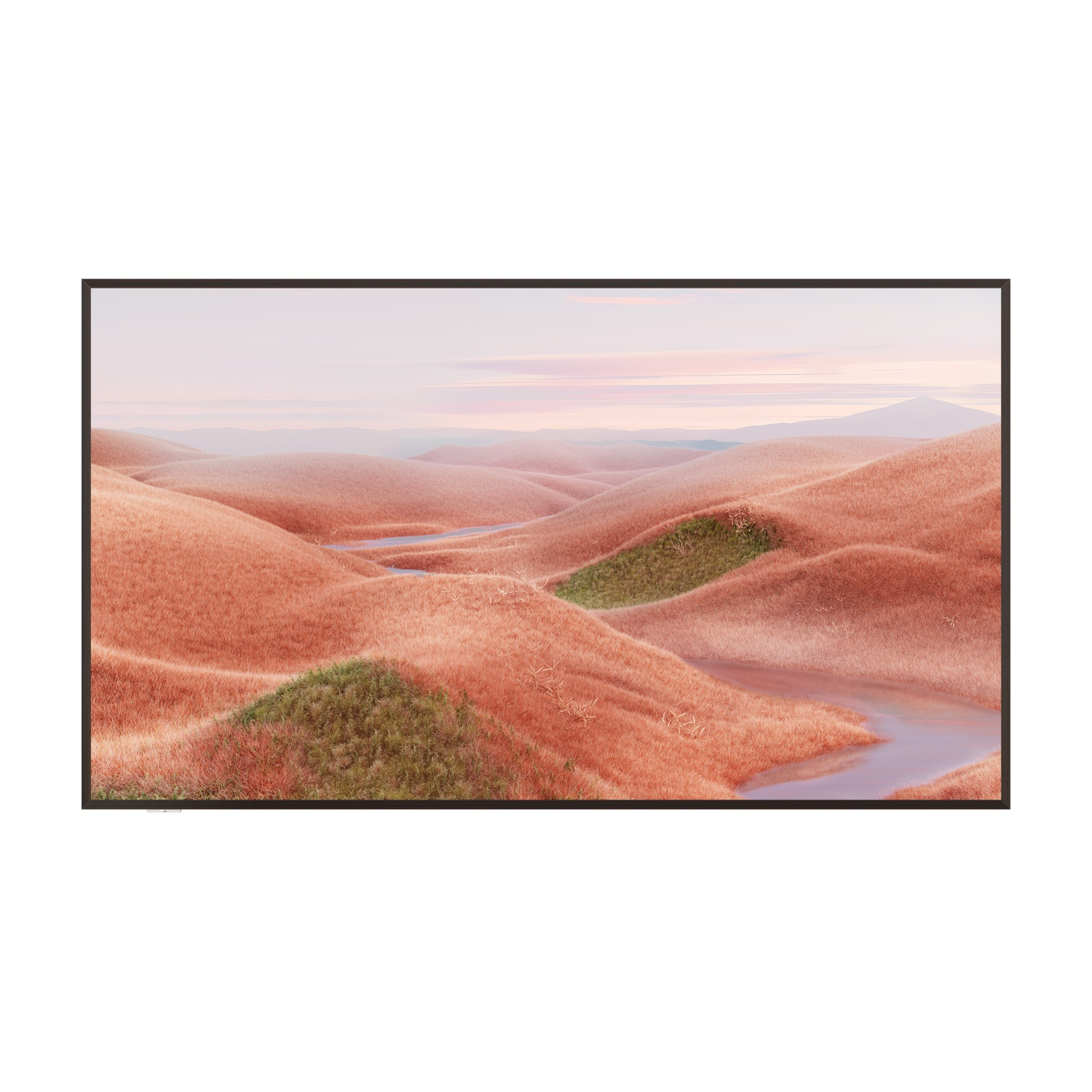 Un paesaggio di arte digitale con colline e fiumi rosa, incorniciato in nero.