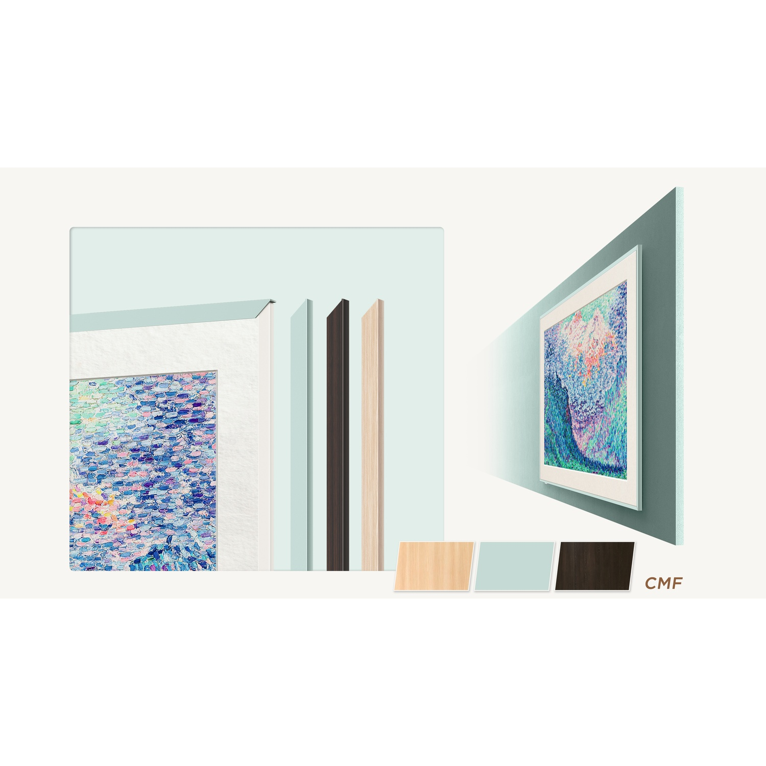 Stampa artistica con cornice bianca. Campioni di colore. Sfondo azzurro.