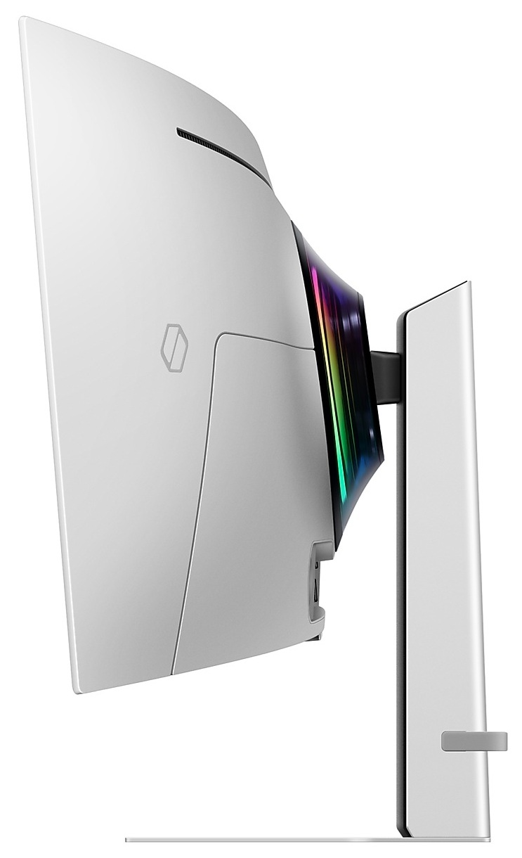 Biały zakrzywiony monitor, widok z boku. Tył z podstawą i kolorowymi światłami.