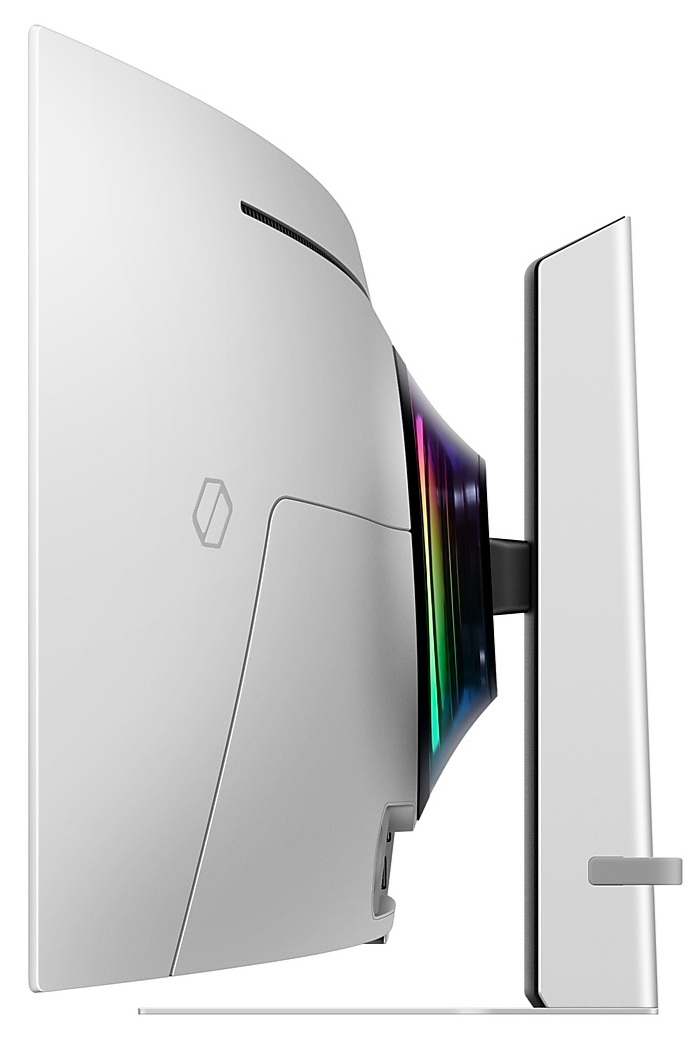 Widok z boku białego monitora komputerowego z zakrzywionym ekranem i podstawką.