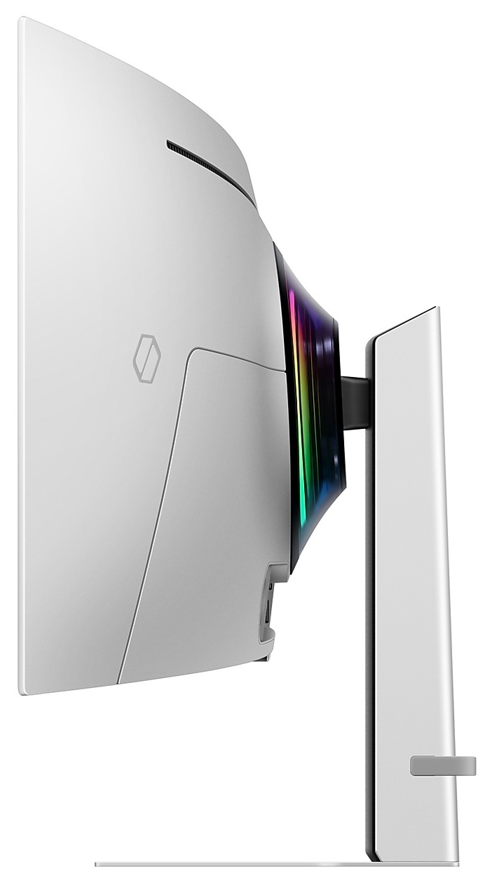 Widok z boku białego zakrzywionego monitora. Ma stojak i kolorowe światła z tyłu.