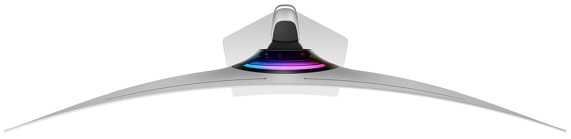 Zakrzywiony stojak na monitor ze srebrnym wykończeniem i kolorowym paskiem LED.