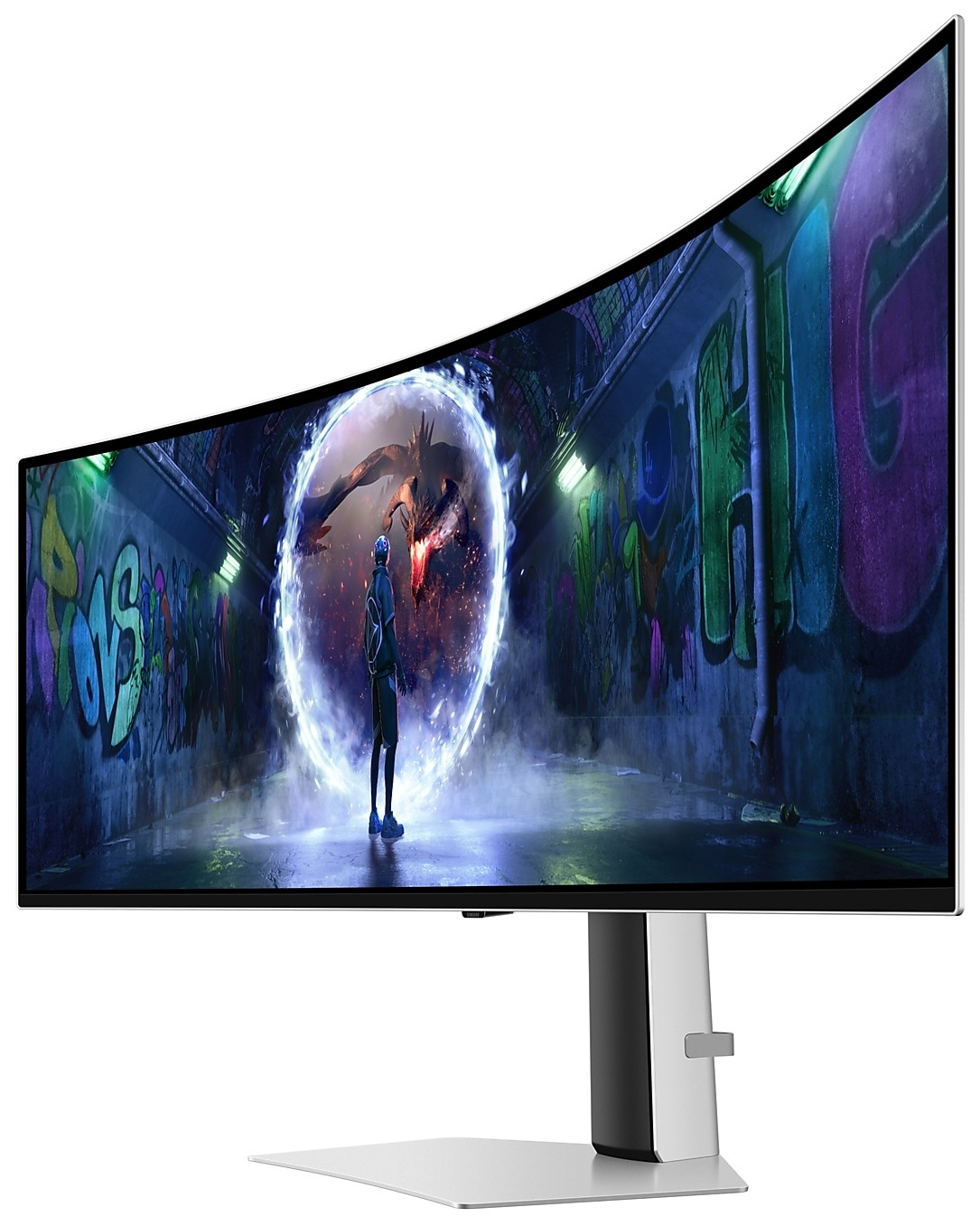 Zakrzywiony monitor wyświetlający scenę science-fiction z portalem, graffiti i postacią w futurystycznym stroju.