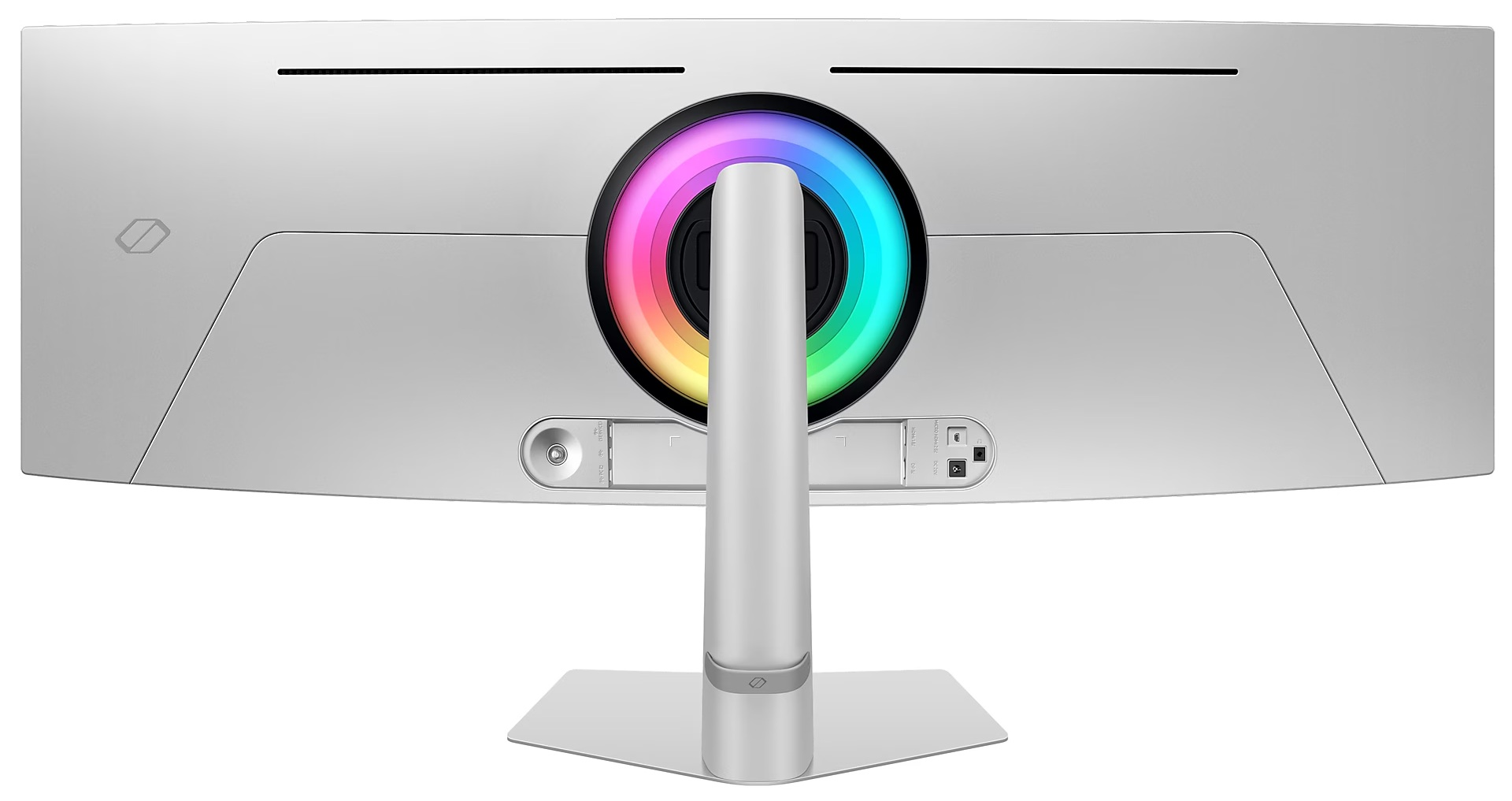 Tył białego monitora z pierścieniem wielokolorowych świateł i podstawką.