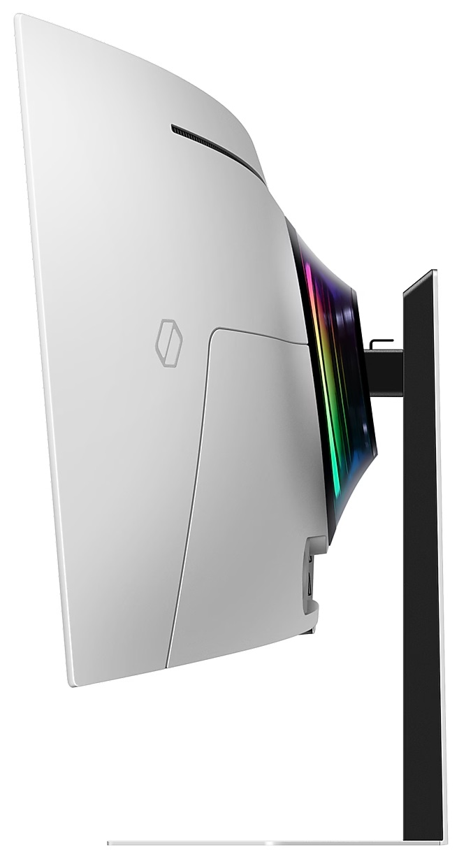 Biały zakrzywiony monitor, widok z boku, ze stojakiem i kolorowymi światłami.