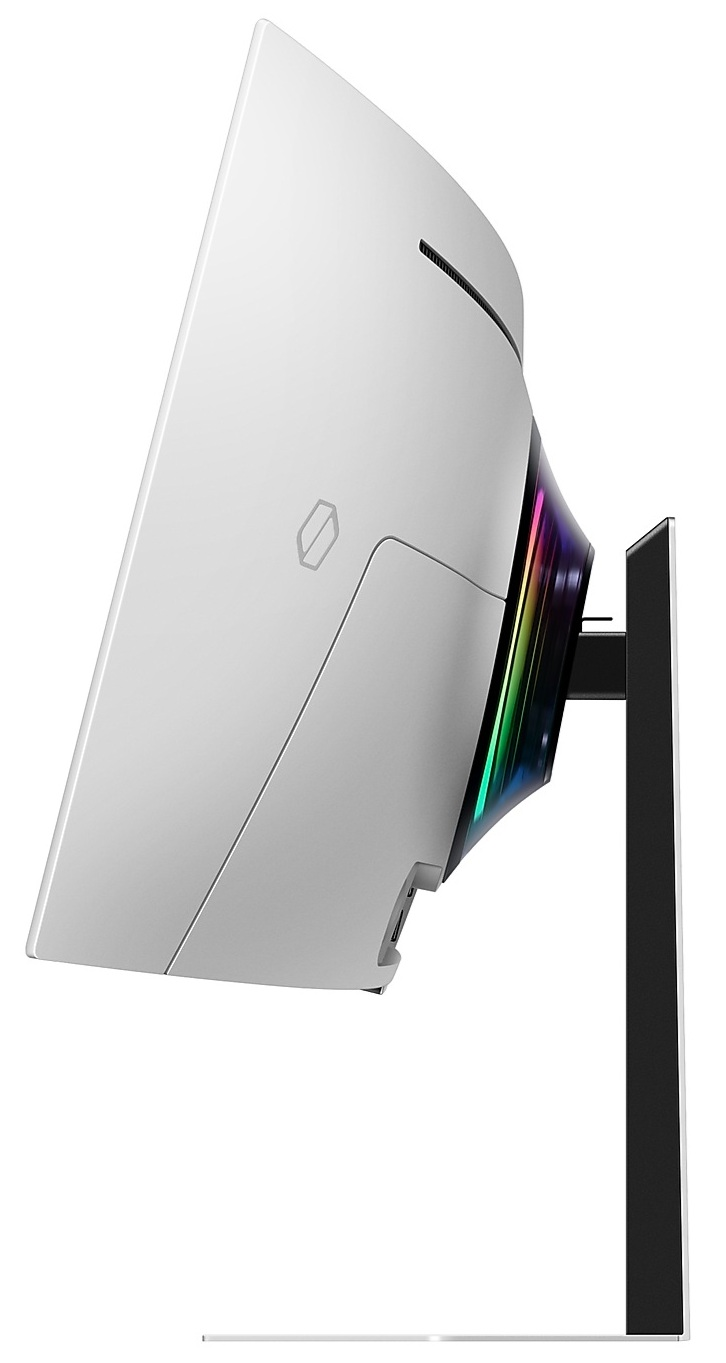 Biały monitor komputera z boku ze stojakiem i kolorowymi światłami.